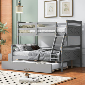 Gray twin over full wood bunk bed with twin trundle