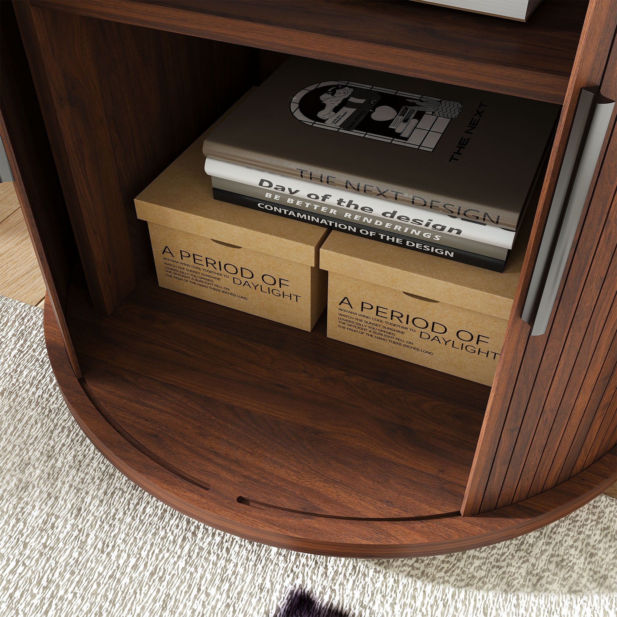 Walnut round bedside table with built-in USB charging ports, detail view