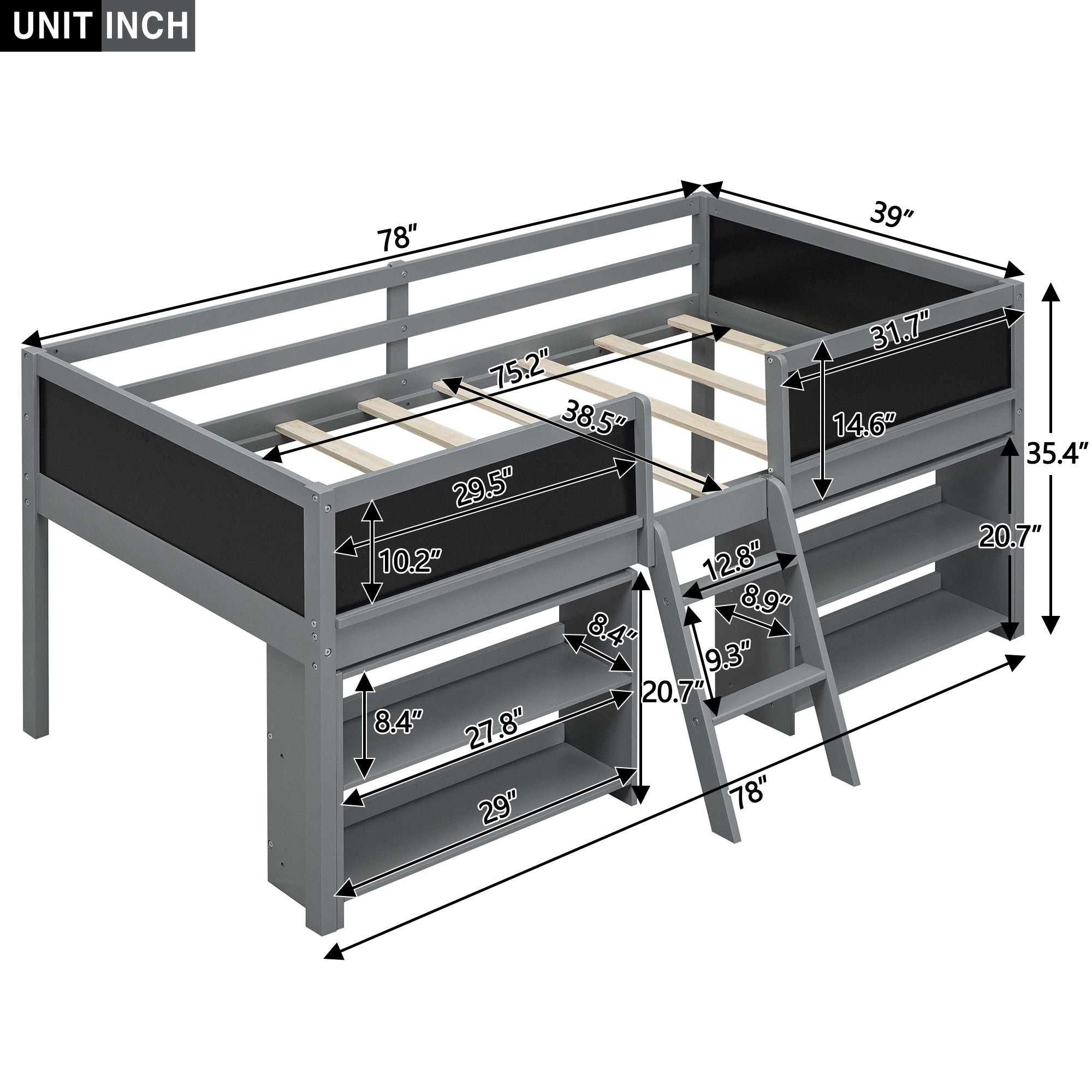 Twin Size Low Loft Bed with Two Movable Shelves and Ladder,with Decorative Guardrail Chalkboard,Gray(Old SKU: WF283286AAE)