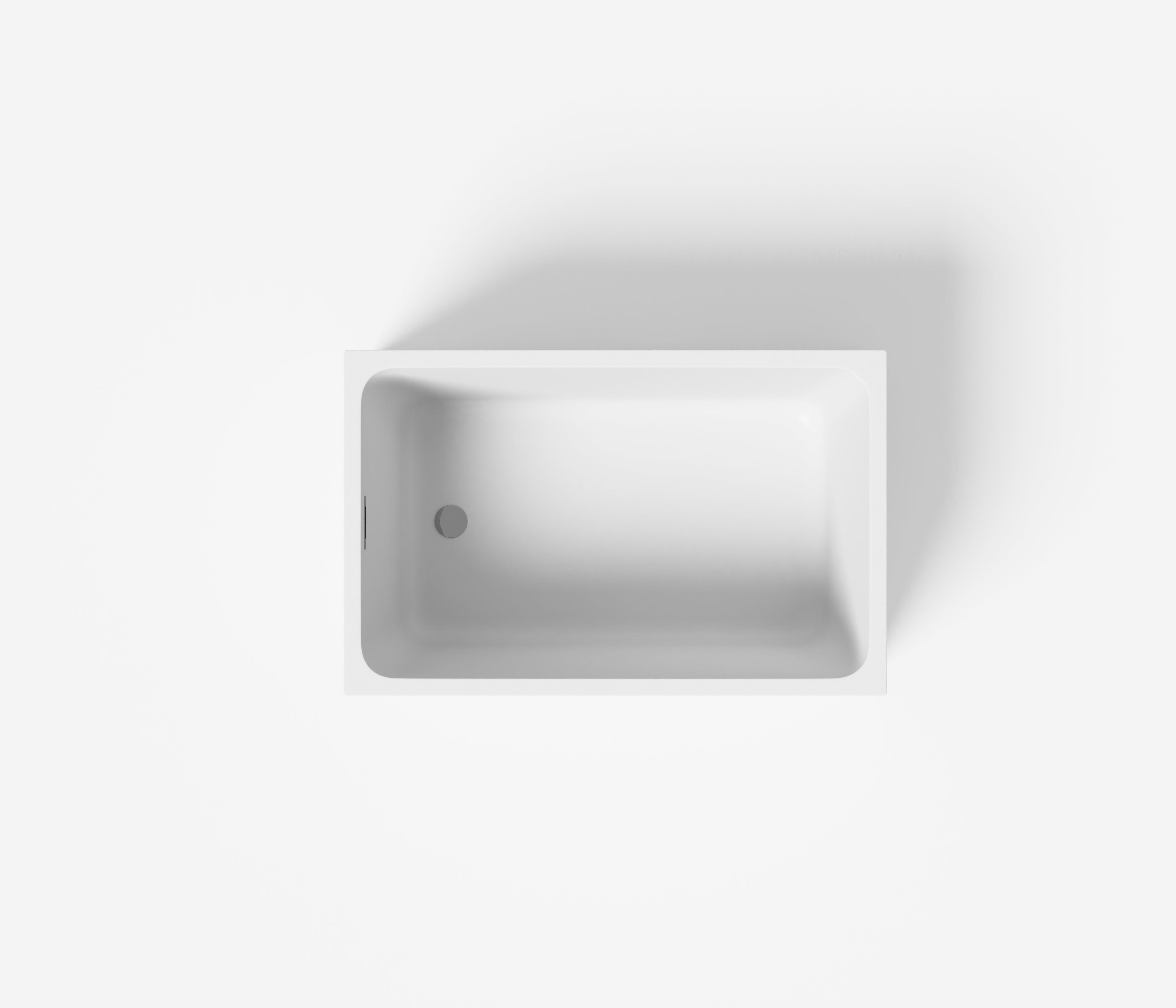 Gloss white acrylic freestanding bathtub, angled side view