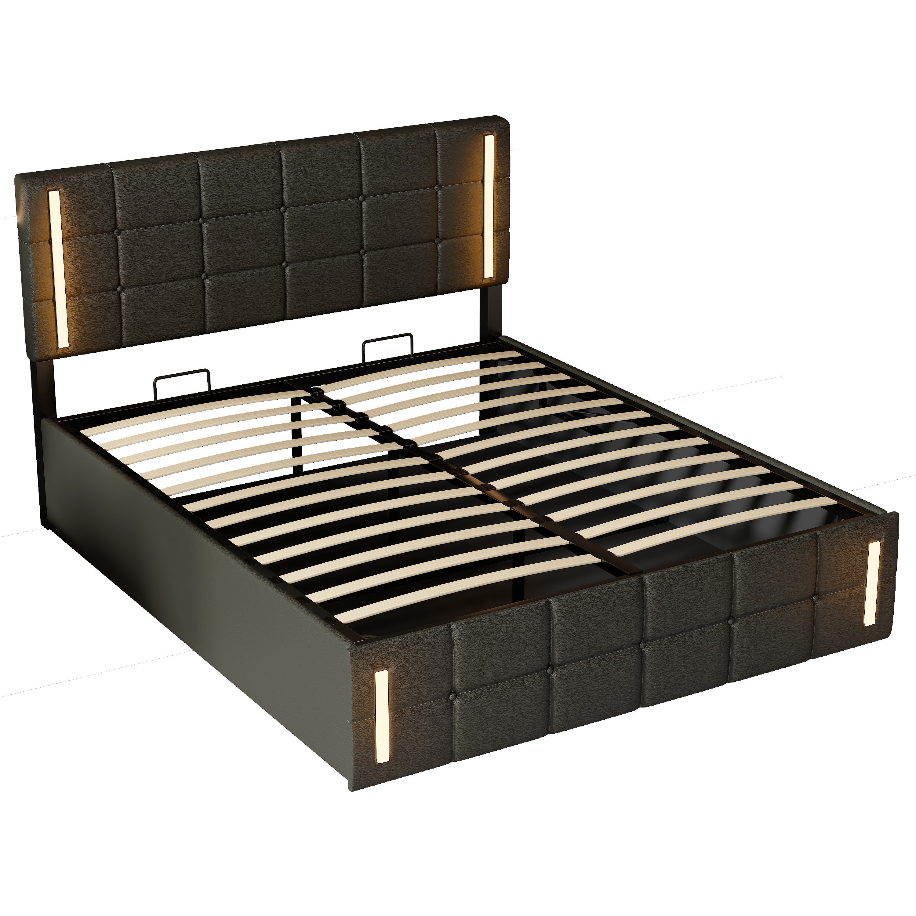 Queen Size Upholstered Bed with LED Lights,Hydraulic Storage System and USB Charging Station,Black