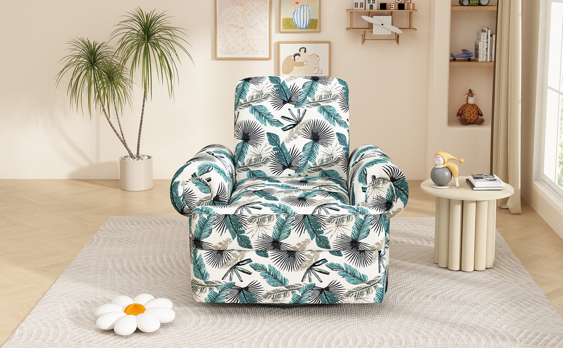 Green and brown swivel recliner chair, reclined position