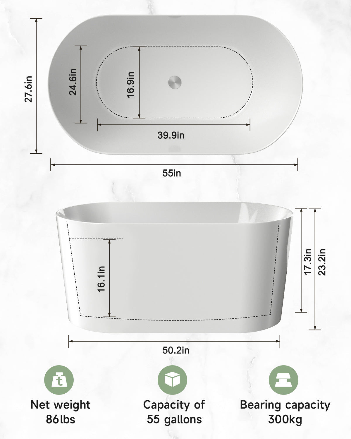 55" Acrylic Freestanding Bathtub-Acrylic Soaking Tubs, White Bathtub, Oval Shape White Freestanding Bathtub With Chrome Overflow and Pop Up Drain