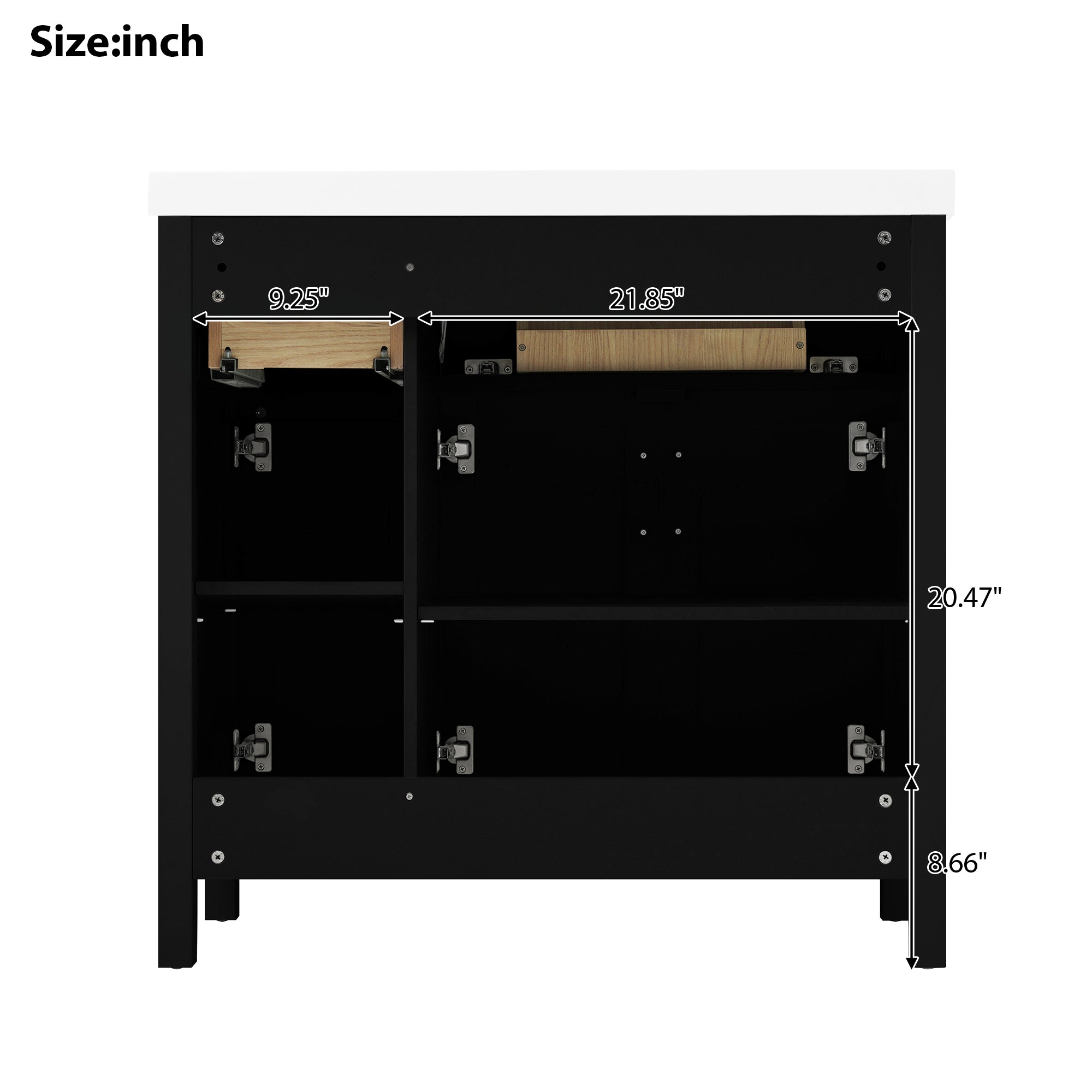 36" Black Bathroom Vanity Cabinet with Resin Integrated Sink - 2 Drawers, 3 Doors