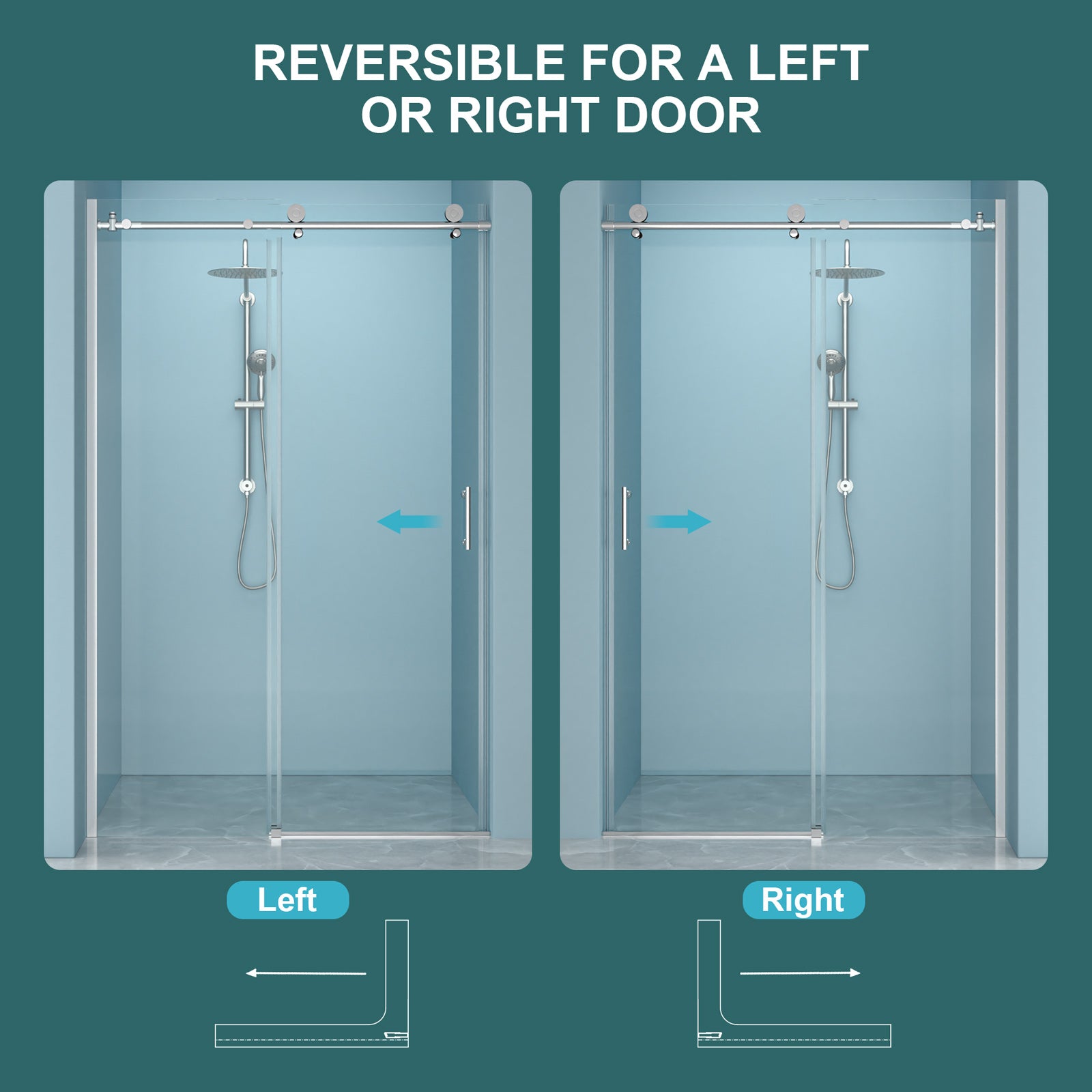 Sliding shower door 48 in. chrome glass panel angle view