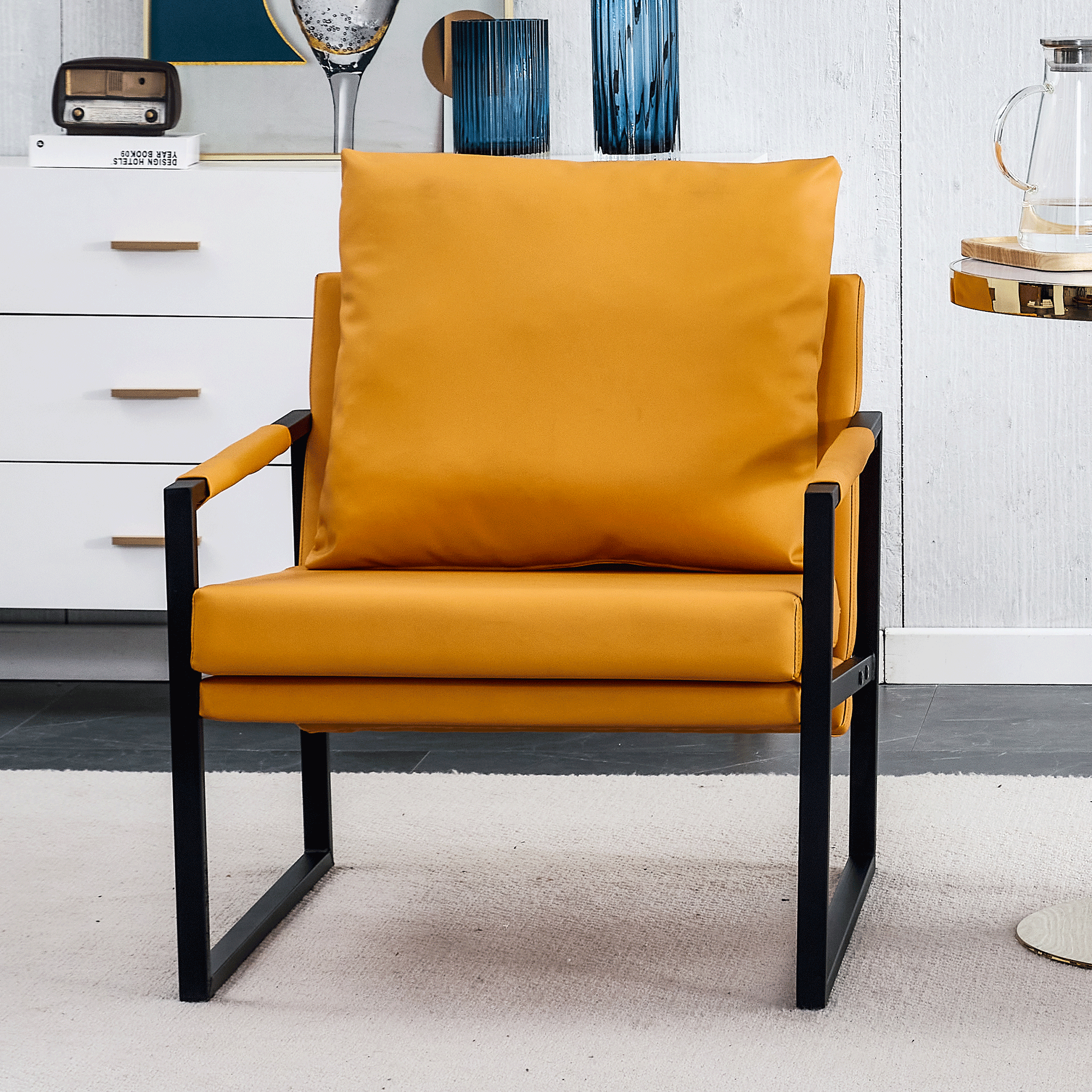 PU Leather Accent Arm Chair Mid Century Upholstered Armchair with Metal Frame Extra-Thick Padded Backrest and Seat Cushion Sofa Chairs for Living Room ( orange PU Leather + Metal Frame + Foam)SF-008