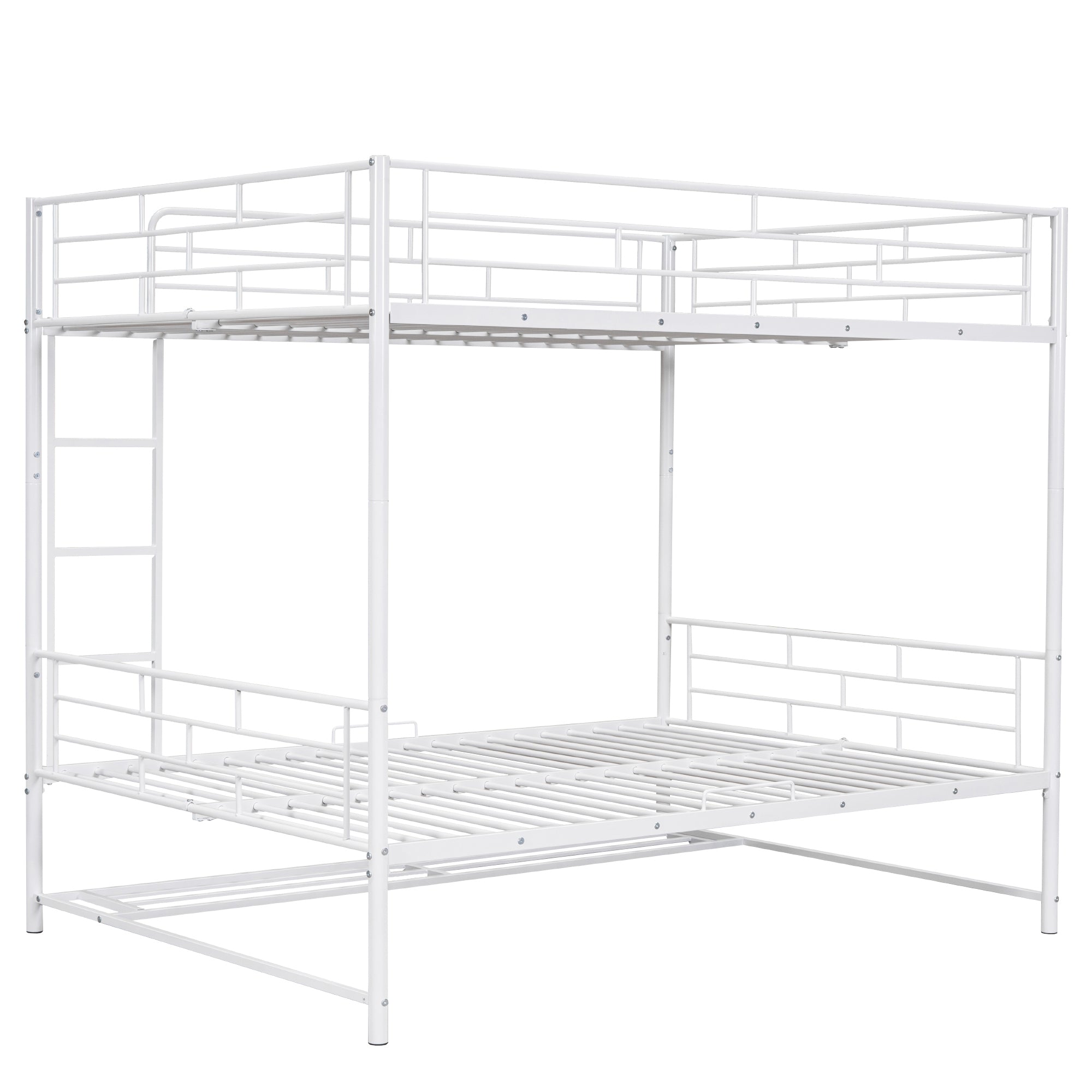 Full Over Full Metal Bunk Bed with Shelf and Guardrails, White