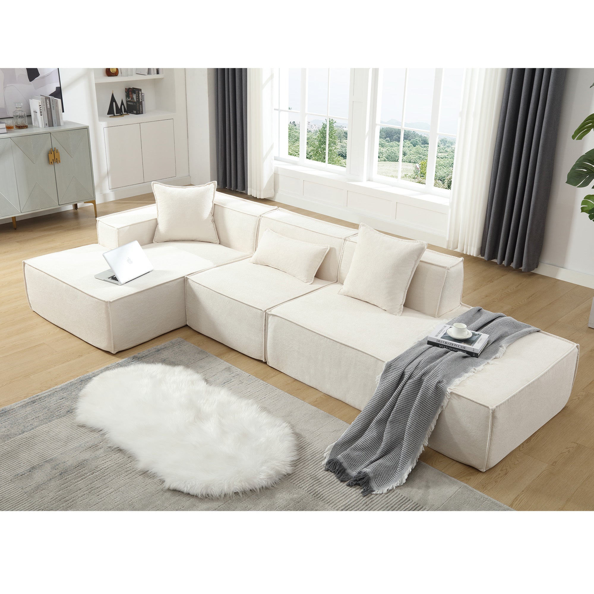 [VIDEO PROVIDED] Modular combination living room sofa set, modern minimalist sofa, free installation sofa, L-shaped, Italian minimalist tofu block sofa, Left-Hand Facing,Terrycloth fabric , Beige