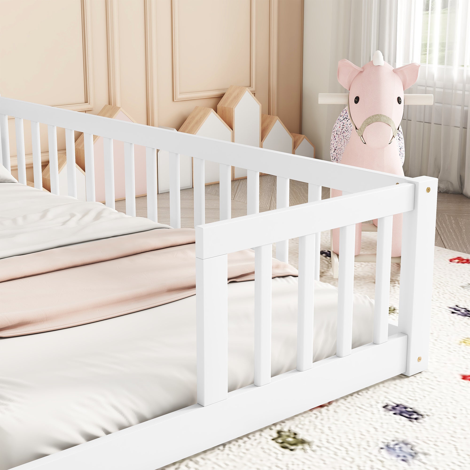 Double Twin Floor Bed with Fence, Guardrails, without door, White