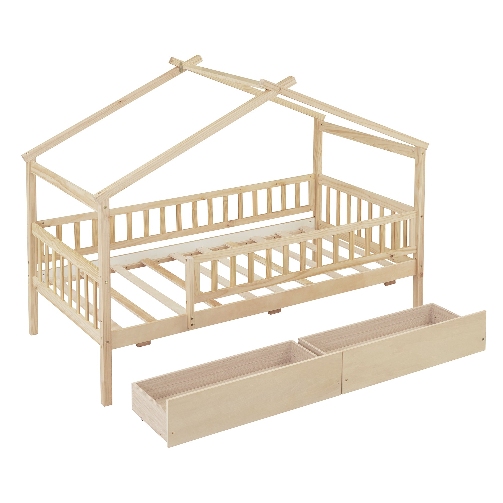 Twin Size Wooden House Bed with Two Drawers, Natural