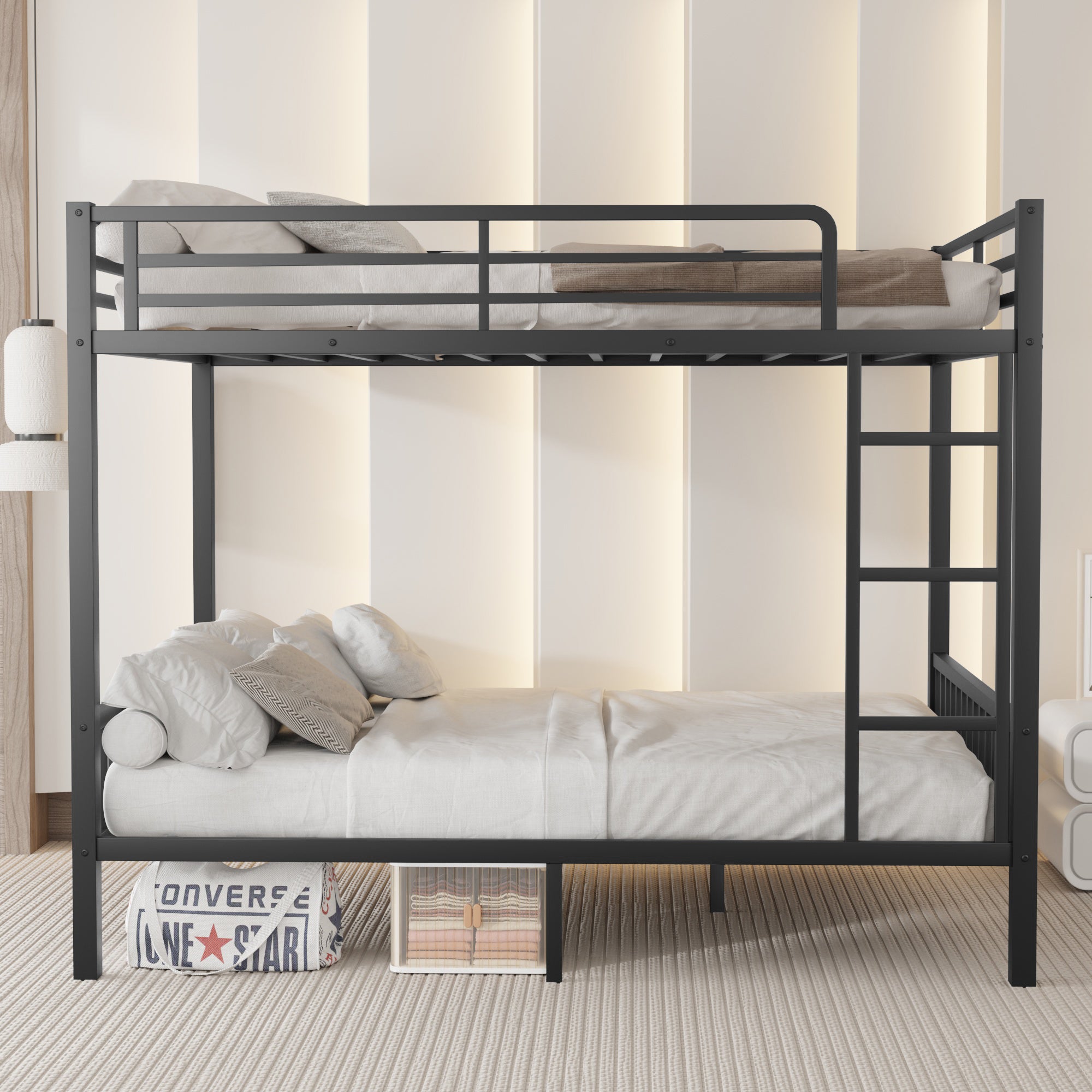 Queen Over Queen Metal Bunk Bed with Ladder and Slats Support for Adults Teens, Black