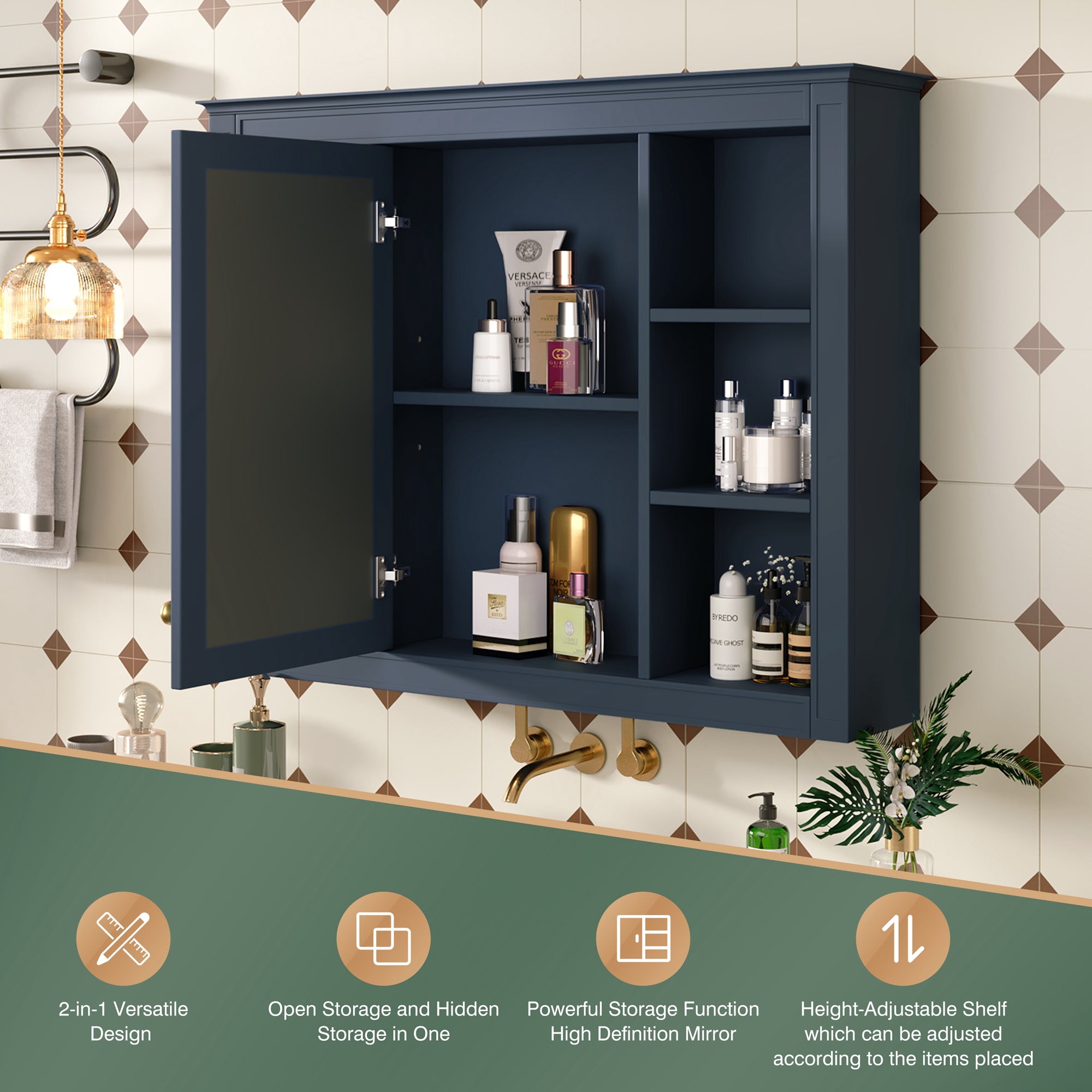 Wall-mounted medicine cabinet with mirror and 6 shelves, detail view