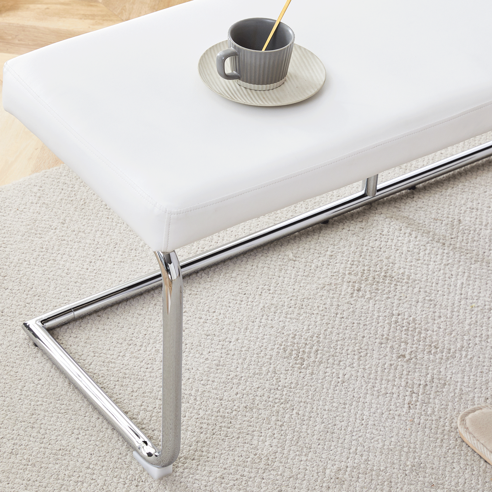 White shoe changing stool, silver metal legs, sofa stool dining chair, suitable for bedroom ,fitting room, storage room, dining room, living room. 005