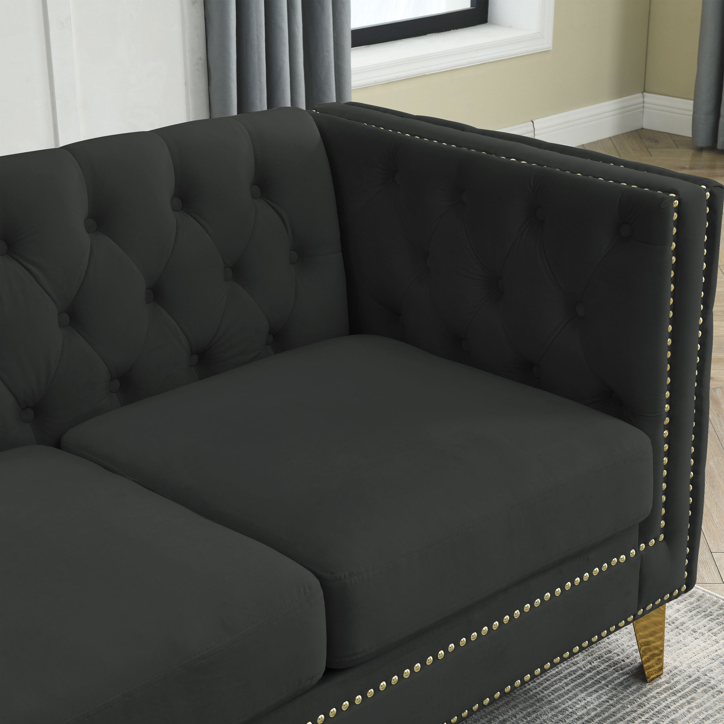 {Contact us for 3D modeling} Velvet Sofa for Living Room,Buttons Tufted Square Arm Couch, Modern Couch Upholstered Button and Metal Legs, Sofa Couch for Bedroom, Black Velvet-2S(W834S00053)