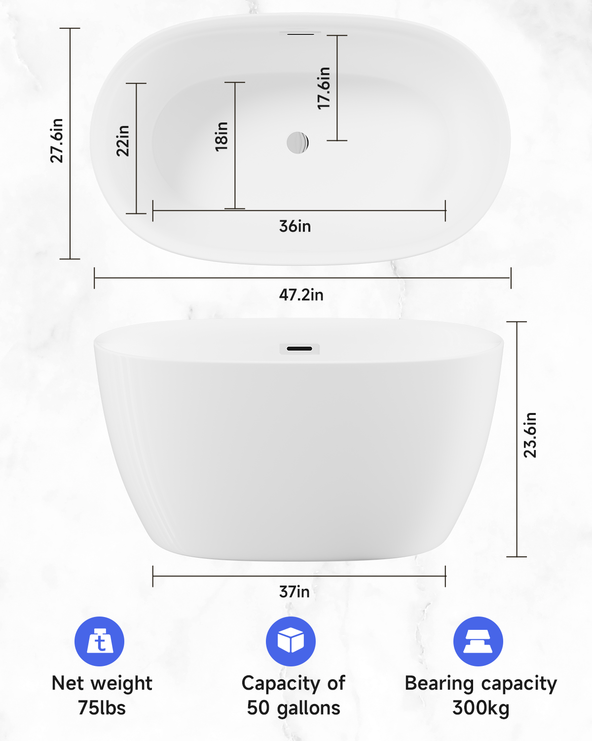 47'' Acrylic Freestanding Bathtub-Acrylic Soaking Tubs, White Bathtub, Oval Shape Freestanding Bathtub With Chrome Overflow and Pop-Up Drain CUPC Certificate