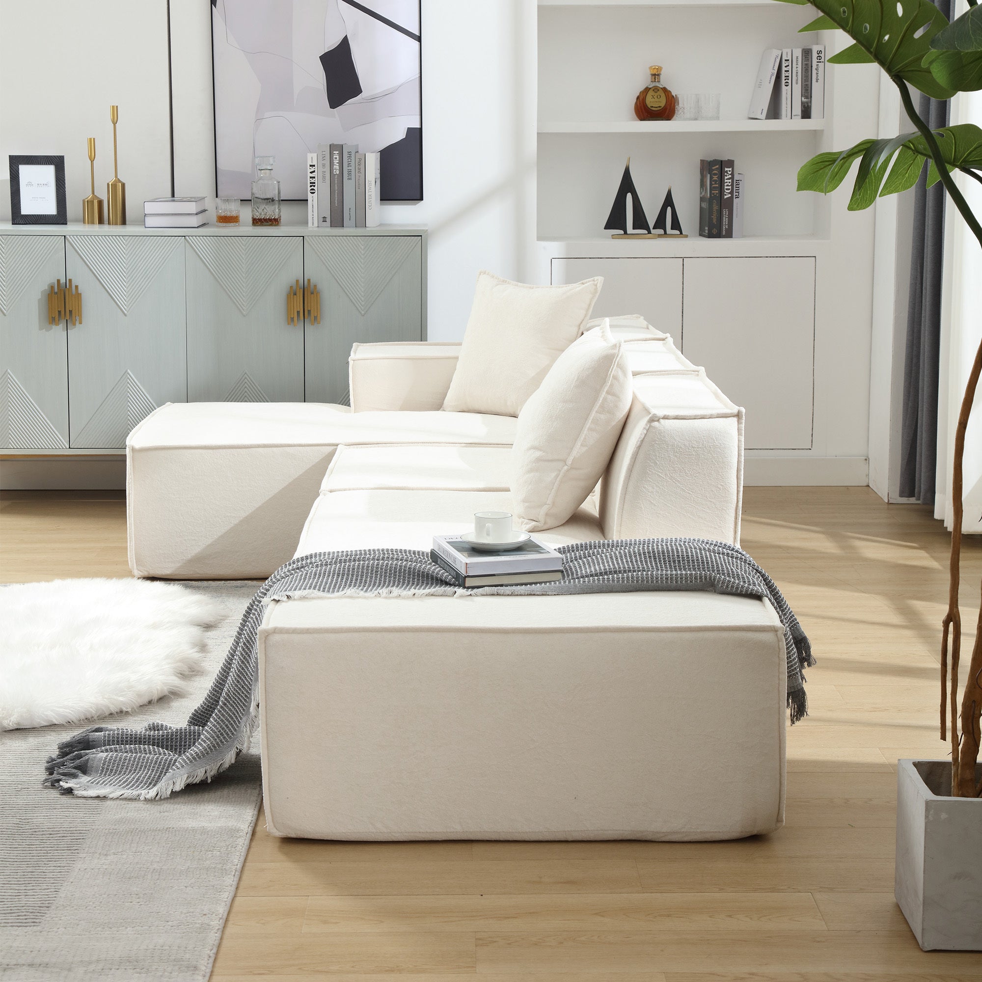 [VIDEO PROVIDED] Modular combination living room sofa set, modern minimalist sofa, free installation sofa, L-shaped, Italian minimalist tofu block sofa, Left-Hand Facing,Terrycloth fabric , Beige