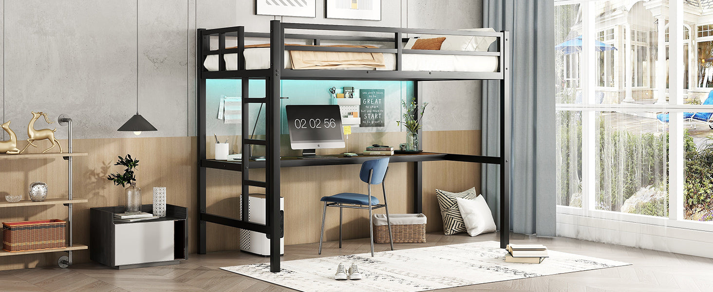 Metal Twin XL Size Loft Bed  with Power Outlet and LED Lighted, Space-Saving, Noise Reduced, Black