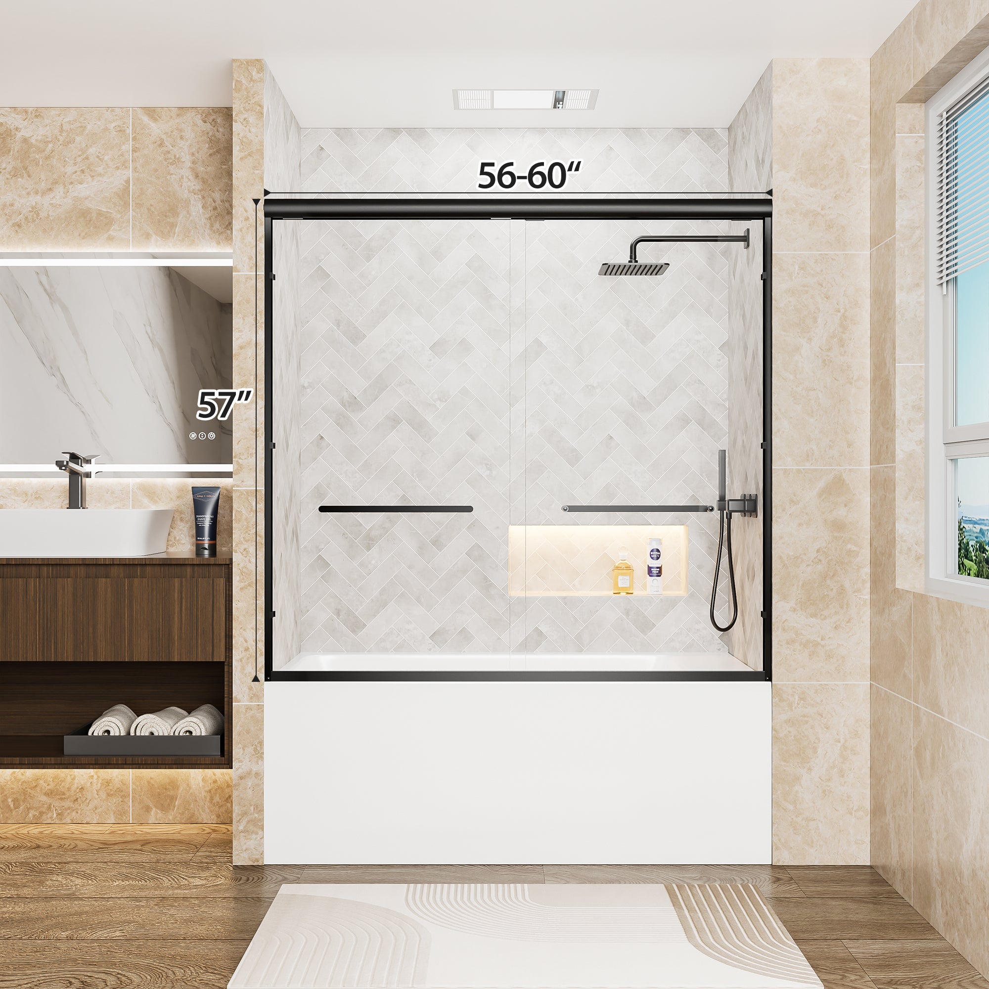 56-60 x 57 in Framed Sliding Bathtub Door - 56-60 x 57 in / Matte Black / Low-Profile Track view 3