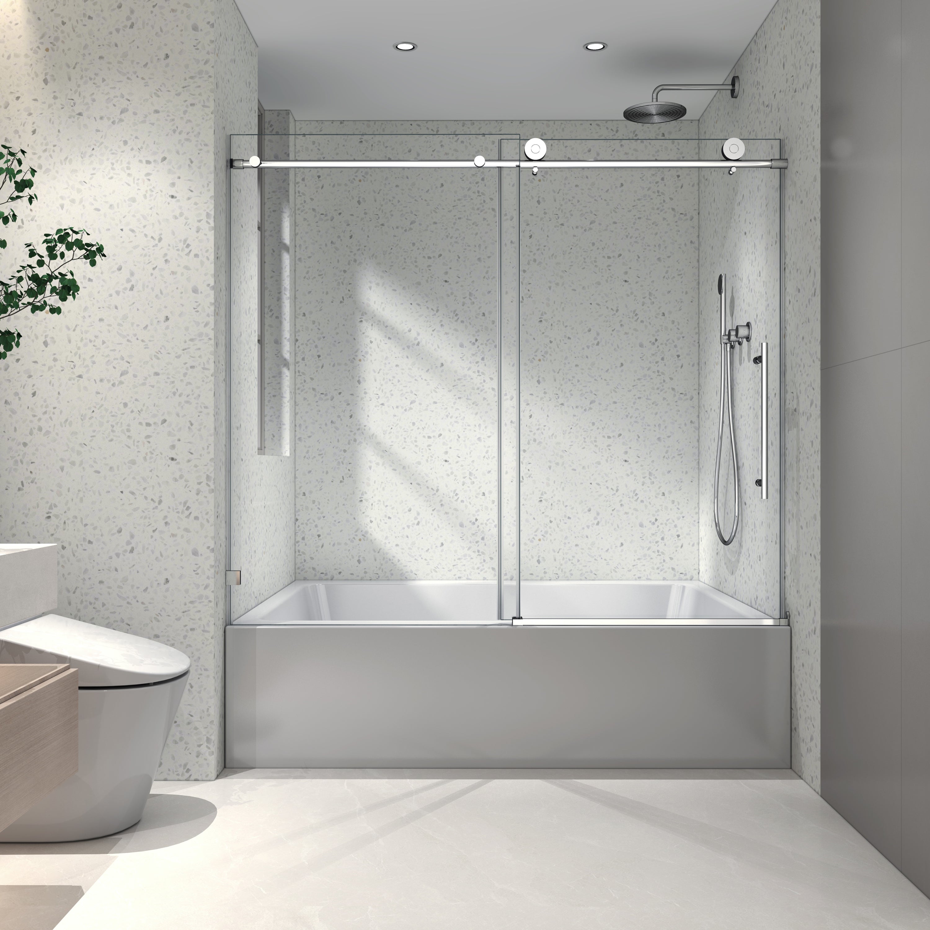 60"W x 63"H Brushed Nickel frameless one fixed and one shifted Shower Door,70MM 304 stainless steel large pulleys with adjustable soft closing function,with nano easy cleaning,stick explosion-proof menbrance