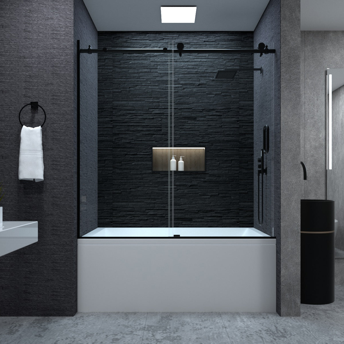 58-60" W x 60" H Frameless Sliding Bathtub Door, Tub Shower Door, Bathtub Glass Door, Bathtub Shower Door, 1/4" (6mm) Certified Clear Tempered Glass, Matte Black