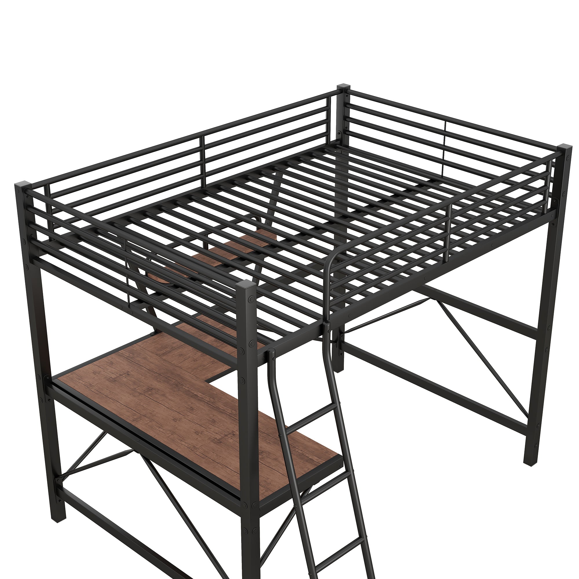 Full Size Loft Metal&MDF Bed with Desk and Shelf, Black