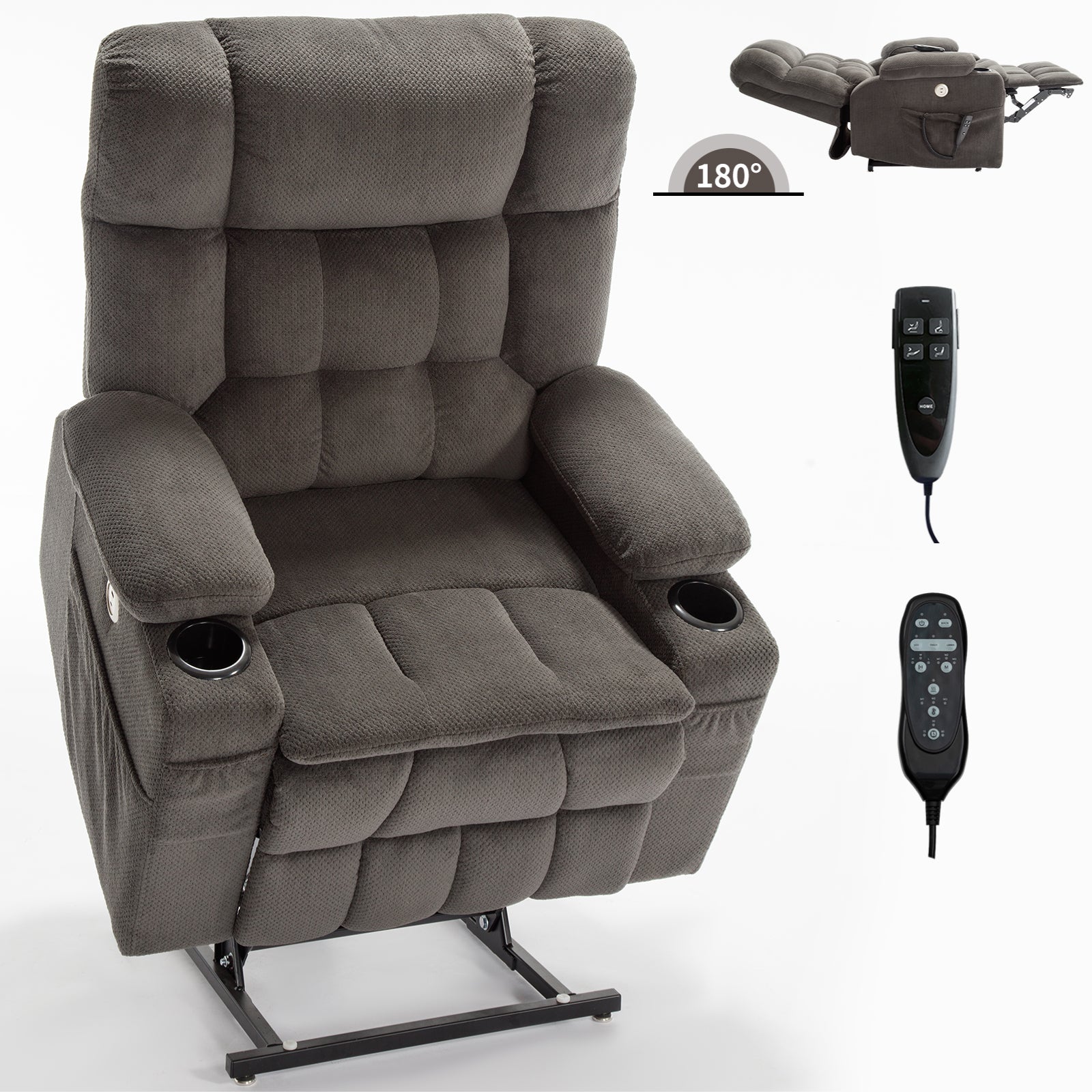 Brown Dual Motor Infinite Position Up to 350 LBS Chenille Power Lift Recliner Chair, Heavy Duty Motion Mechanism with 8-Point Vibration Massage and Lumbar Heating, Dual Cup Holders