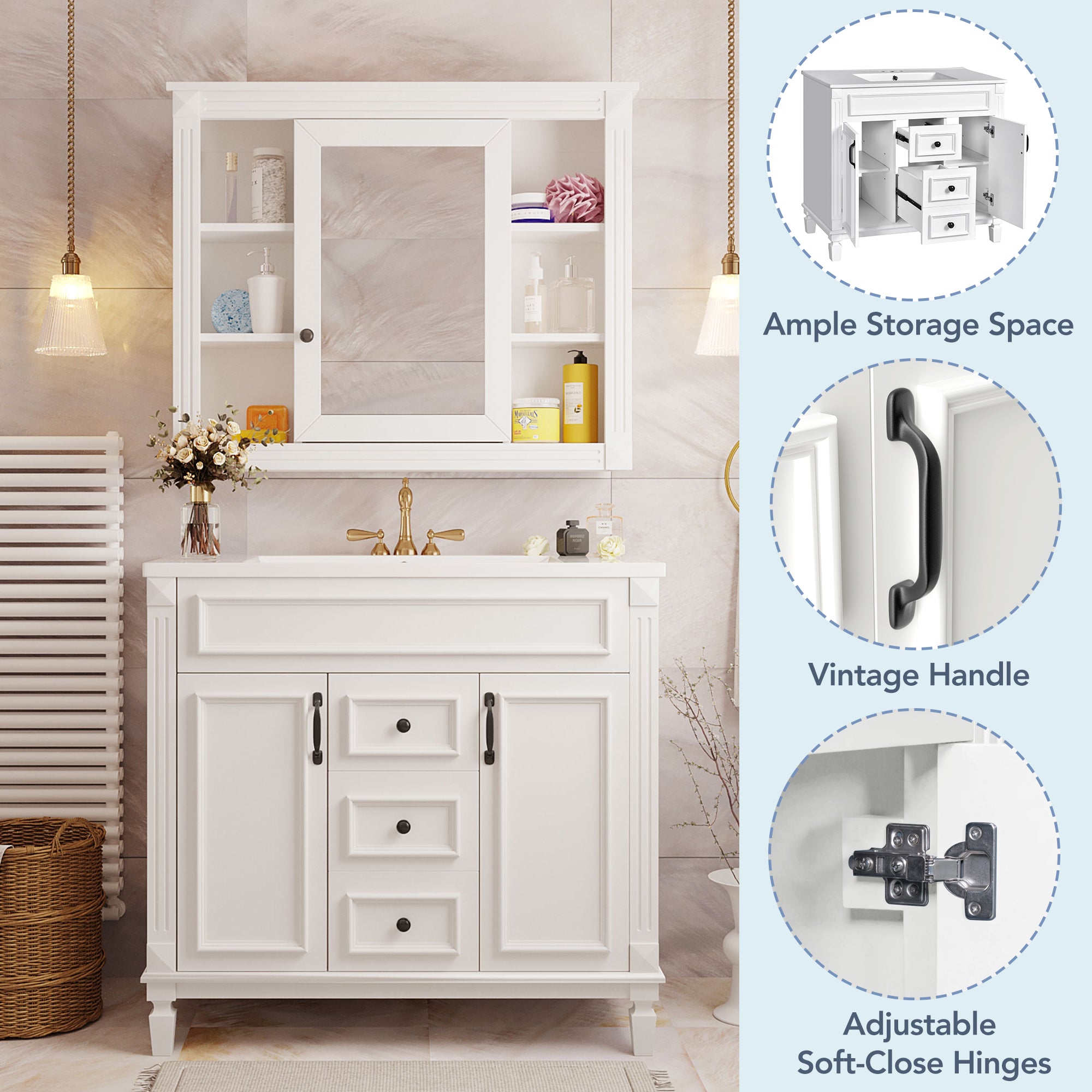 36 inch modern single-sink bathroom vanity with top sink, styled room view