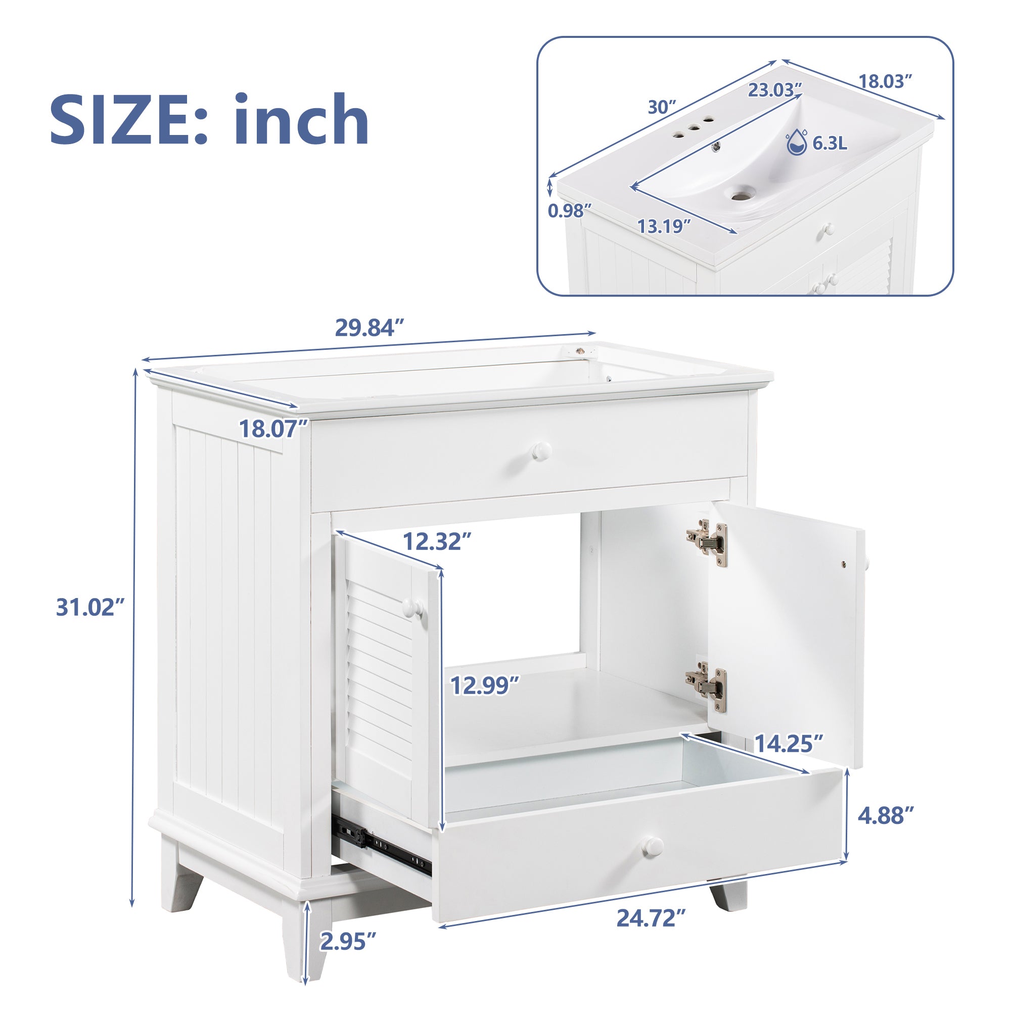 30" Bathroom Vanity with Sink, Bathroom Cabinet with Two Doors and One Drawer, White (OLD SKU: JL000005AAK)