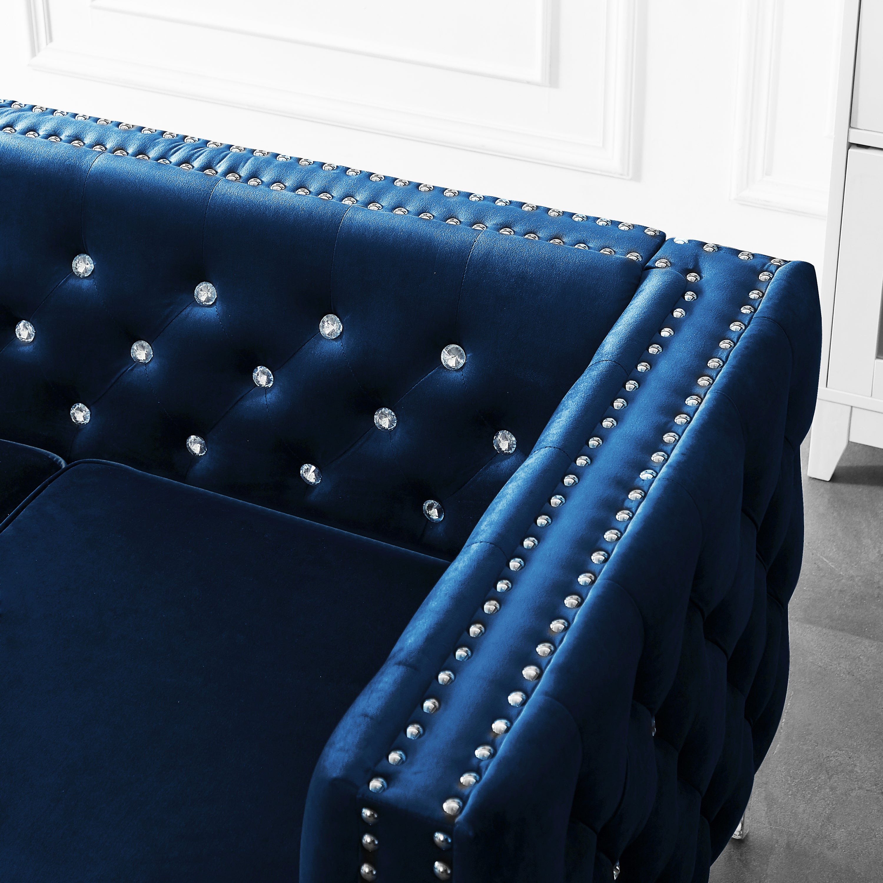 82.3" Width Modern Velvet Sofa Jeweled Buttons Tufted Square Arm Couch Blue,2 Pillows Included