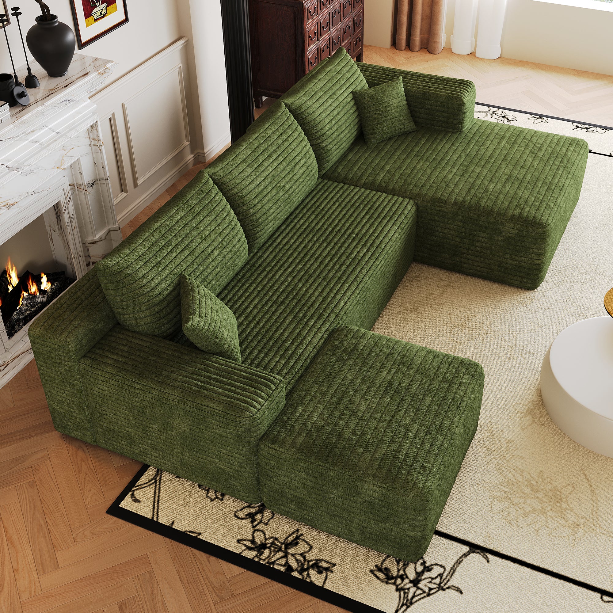 103 inch green corduroy corner sectional sofa, side view