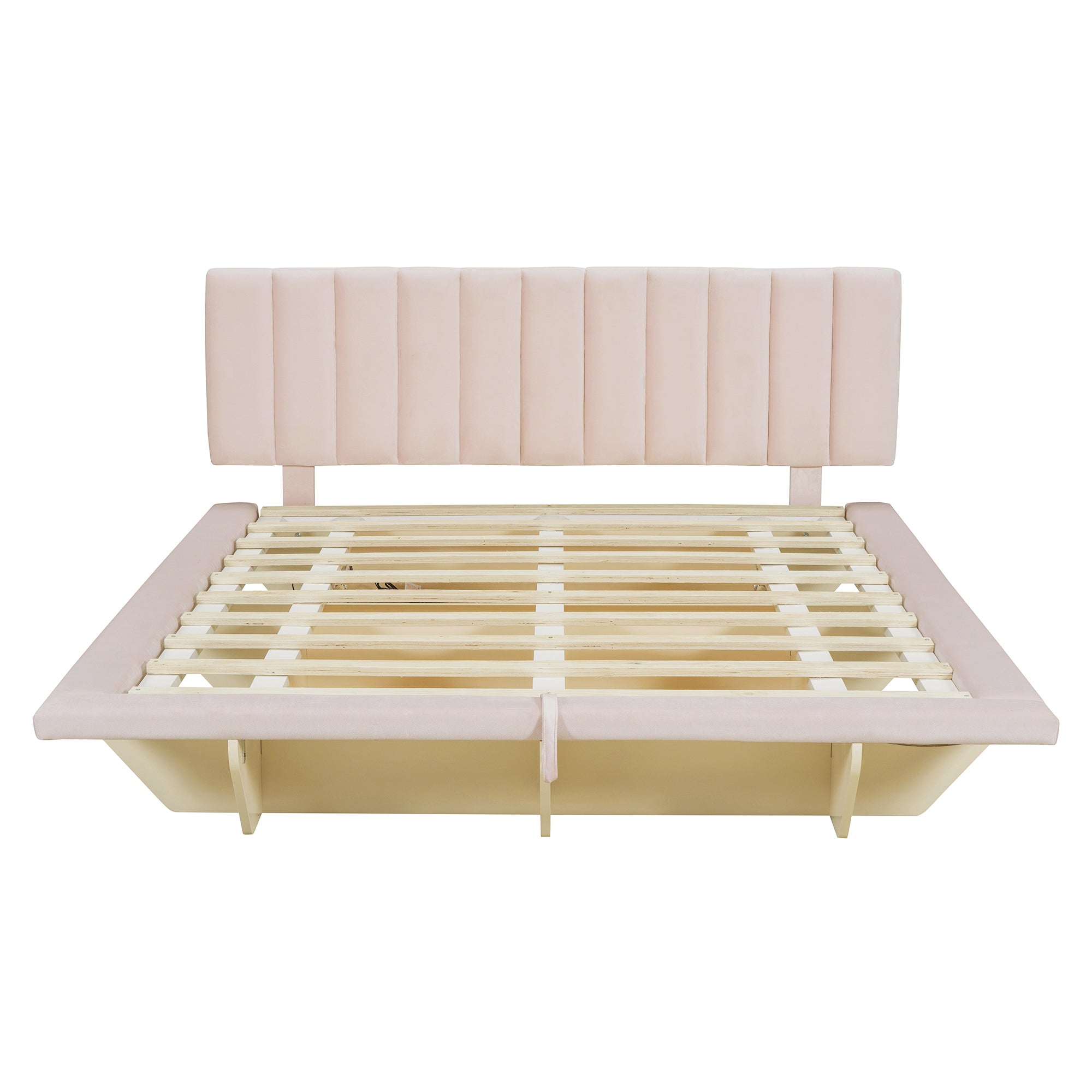 Queen Size Upholstered Floating Bed with LED Light and USB Port, Velvet, Pink, Hydrualic Platform Bed