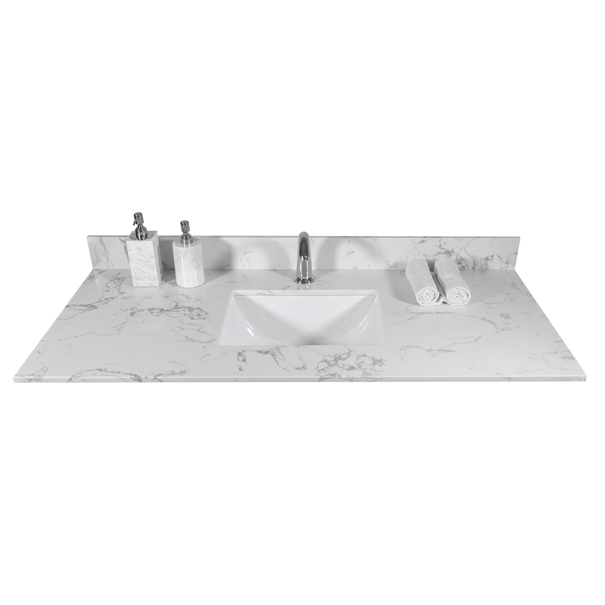 Montary 43x22 inch bathroom stone vanity top  engineered stone carrara white marble color with rectangle undermount ceramic sink and  single faucet hole with back splash .