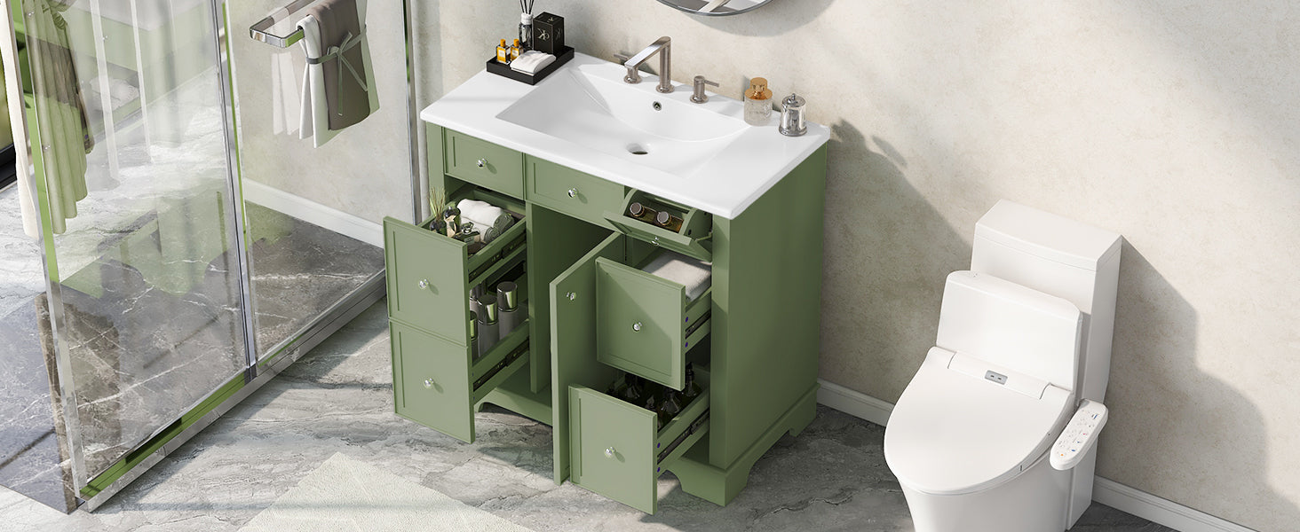 36" Bathroom Vanity with Sink, One Cabinet with Three drawers and One Flip Drawer, Solid Wood and MDF Board, Green