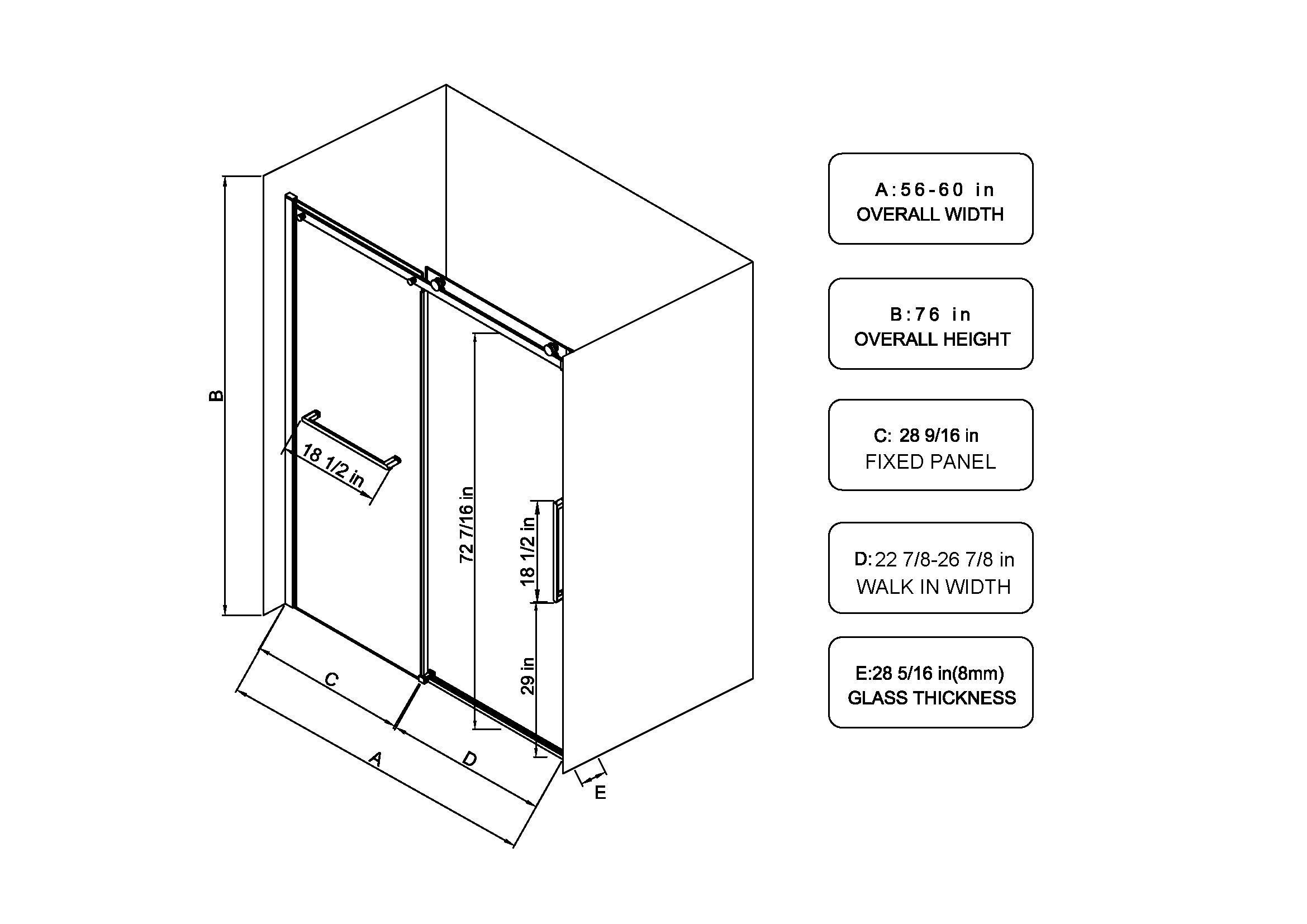 Matte black shower door hardware package and parts overview