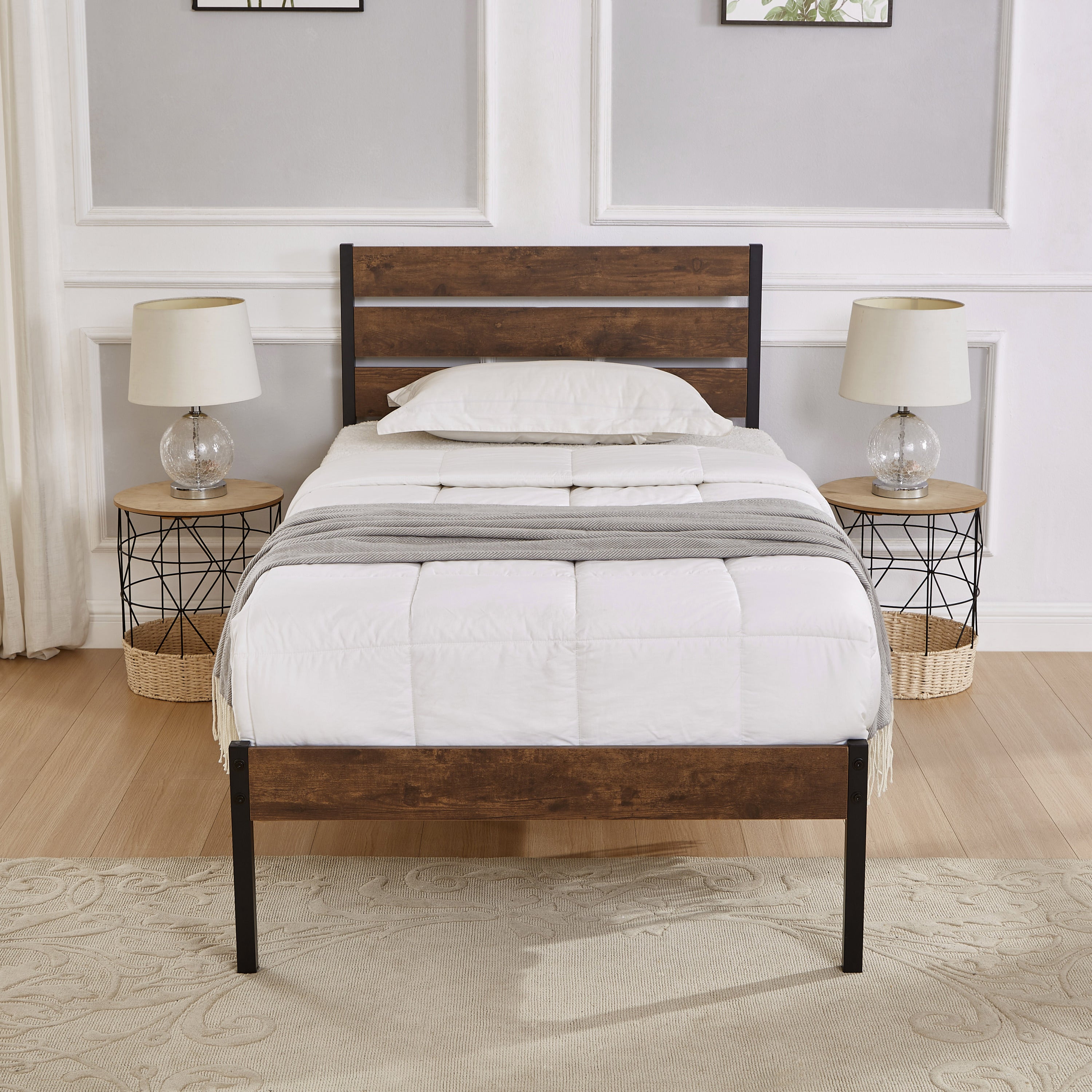 Twin Size Bed Frame with Wood Headboard, Metal Frame with Strong Slats, Noise Free,No Box Spring Needed-Brown