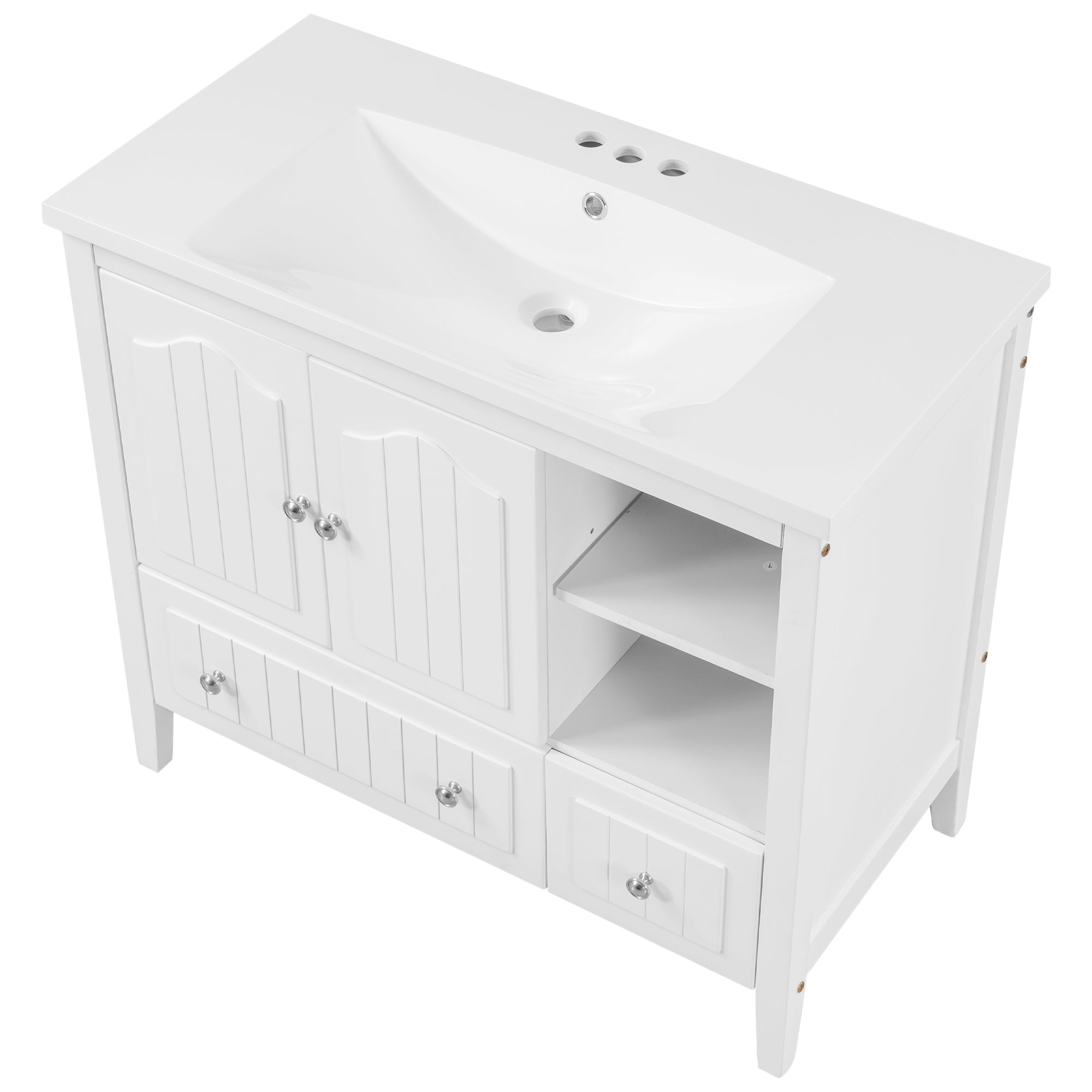 [VIDEO] 36" Bathroom Vanity with Ceramic Basin, Bathroom Storage Cabinet with Two Doors and Drawers, Solid Frame, Metal Handles, White