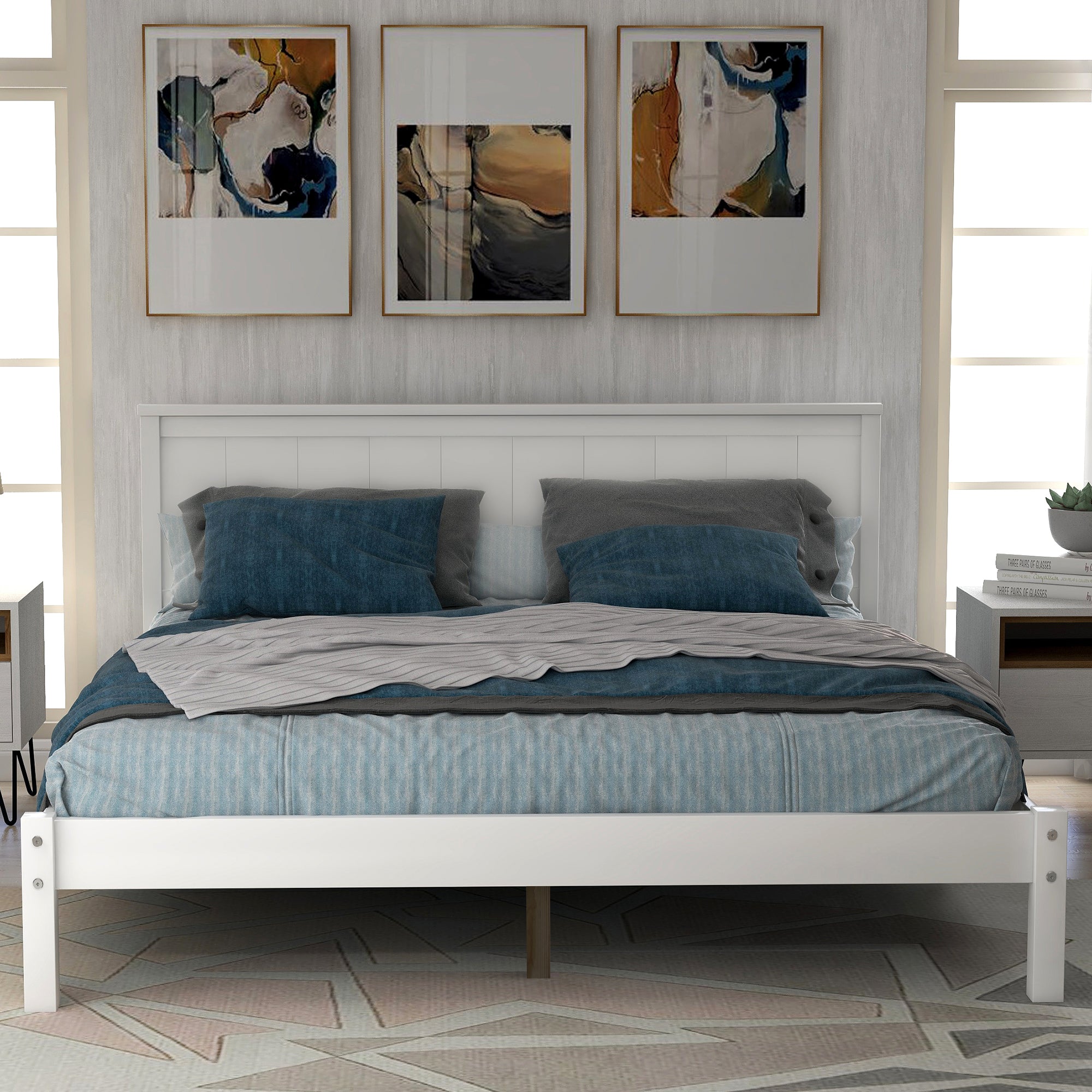 Platform Bed Frame with Headboard , Wood Slat Support , No Box Spring Needed ,Full,White(OLD SKU:WF191419AAK)