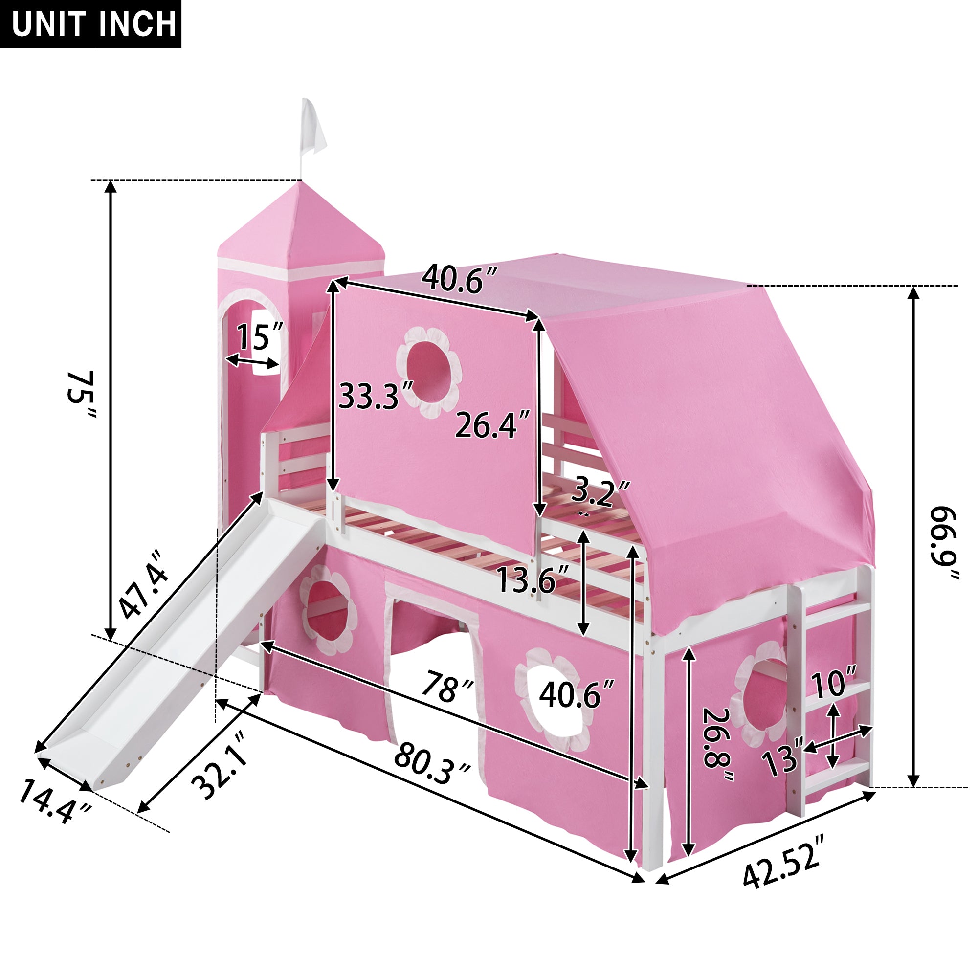 Twin Size Loft Bed with Slide Pink Tent and Tower - Pink