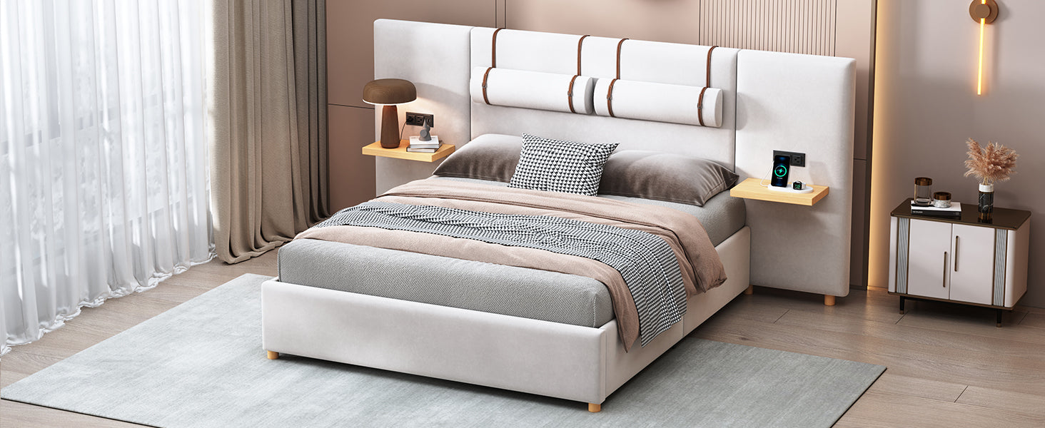 Queen Size Upholstered Platform Bed, Two Outlets and USB Charging Ports on Both Sides, Two Bedside Pillows, Storage Shelves,Velvet, Beige