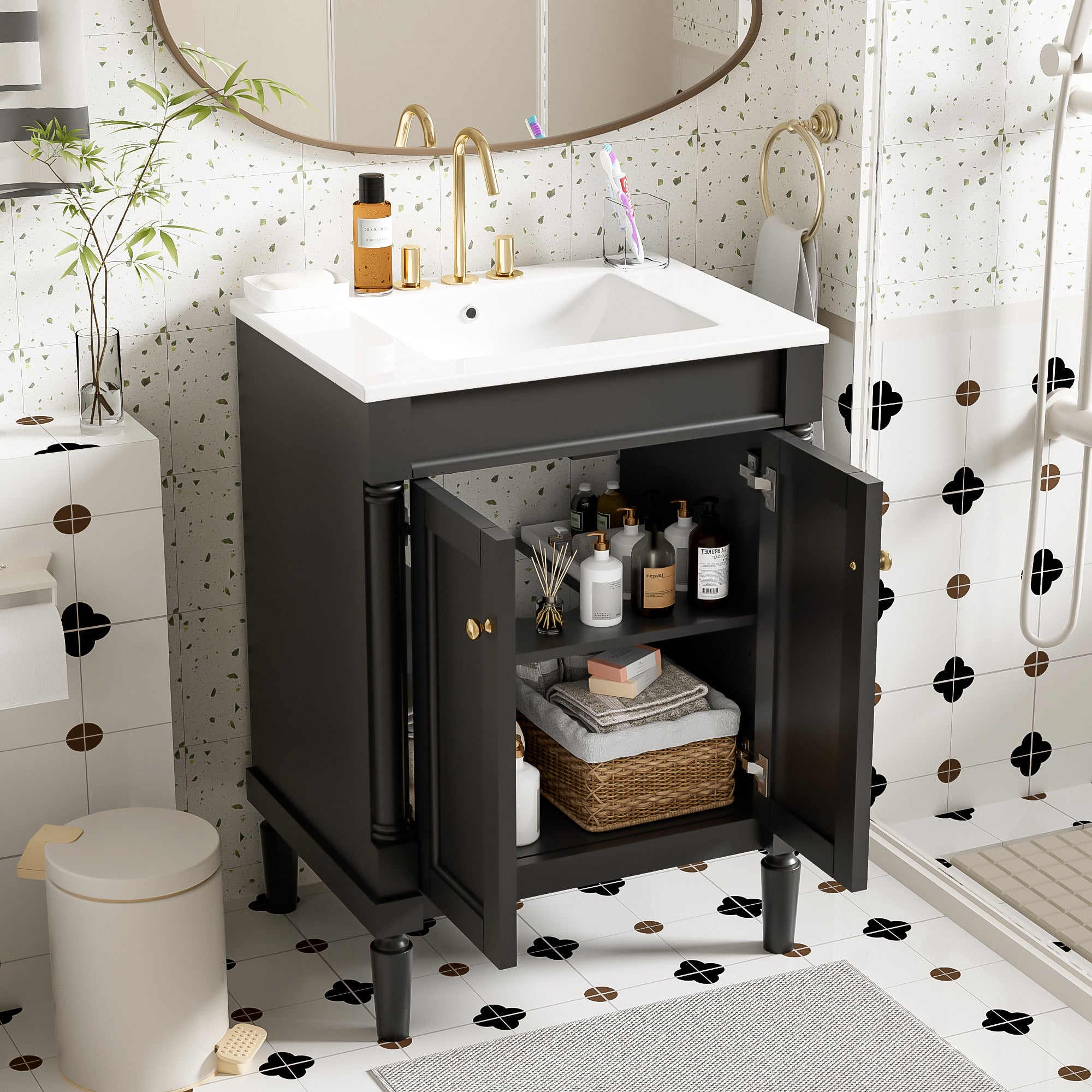 24 inch bathroom vanity with top-mounted single sink angled view