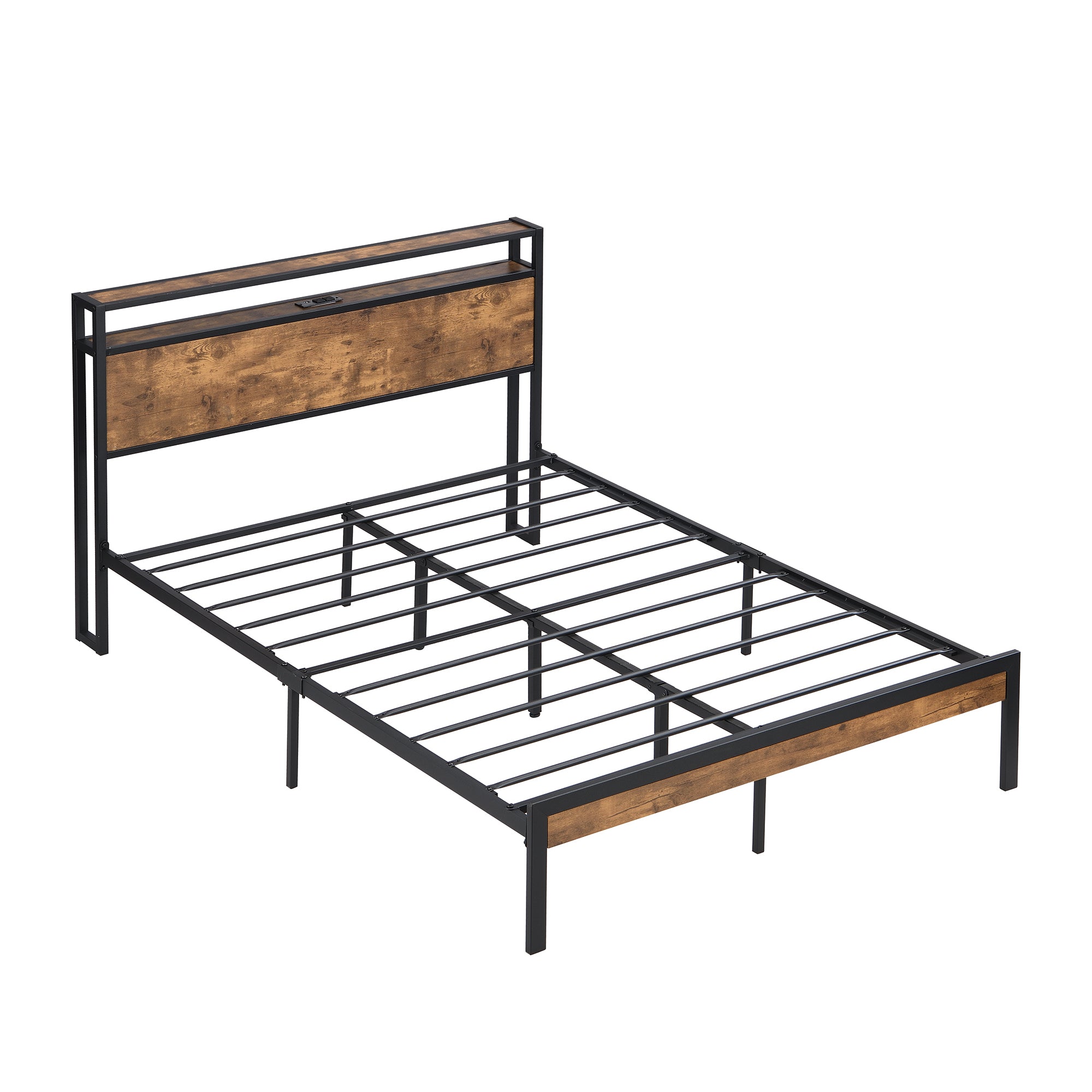 King Size Metal Platform Bed Frame with Wooden Headboard and Footboard with USB LINER, No Box Spring Needed, Large Under Bed Storage, Easy Assemble