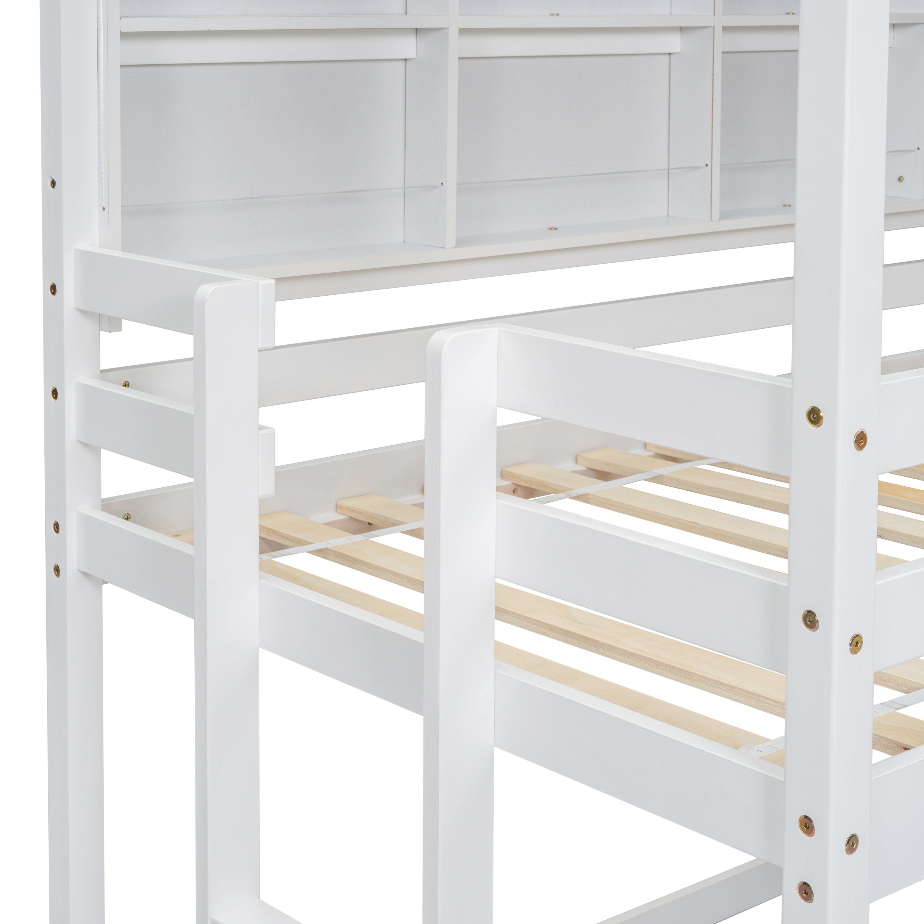 Twin Over Twin Low Bunk Bed with House Semi-enclosed Roof,Guardrails, Bedside Shelves and Ladder, White