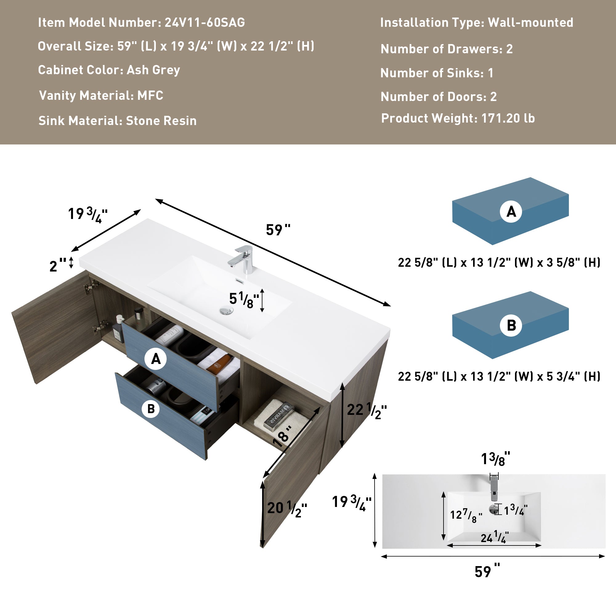 60" Floating Bathroom Vanity with Sink, Modern Wall-Mounted Bathroom Storage Vanity Cabinet with Resin Top Basin and Soft Close Drawers, Ash Grey 24V11-60SAG