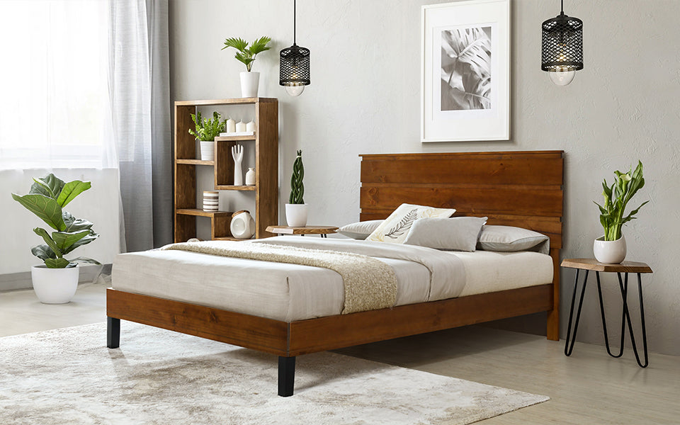 Mid-Century Modern Solid Wood Bed Frame Full Size Platform Bed with Three-Piece Headboard Design, No Box Spring Needed, Brown