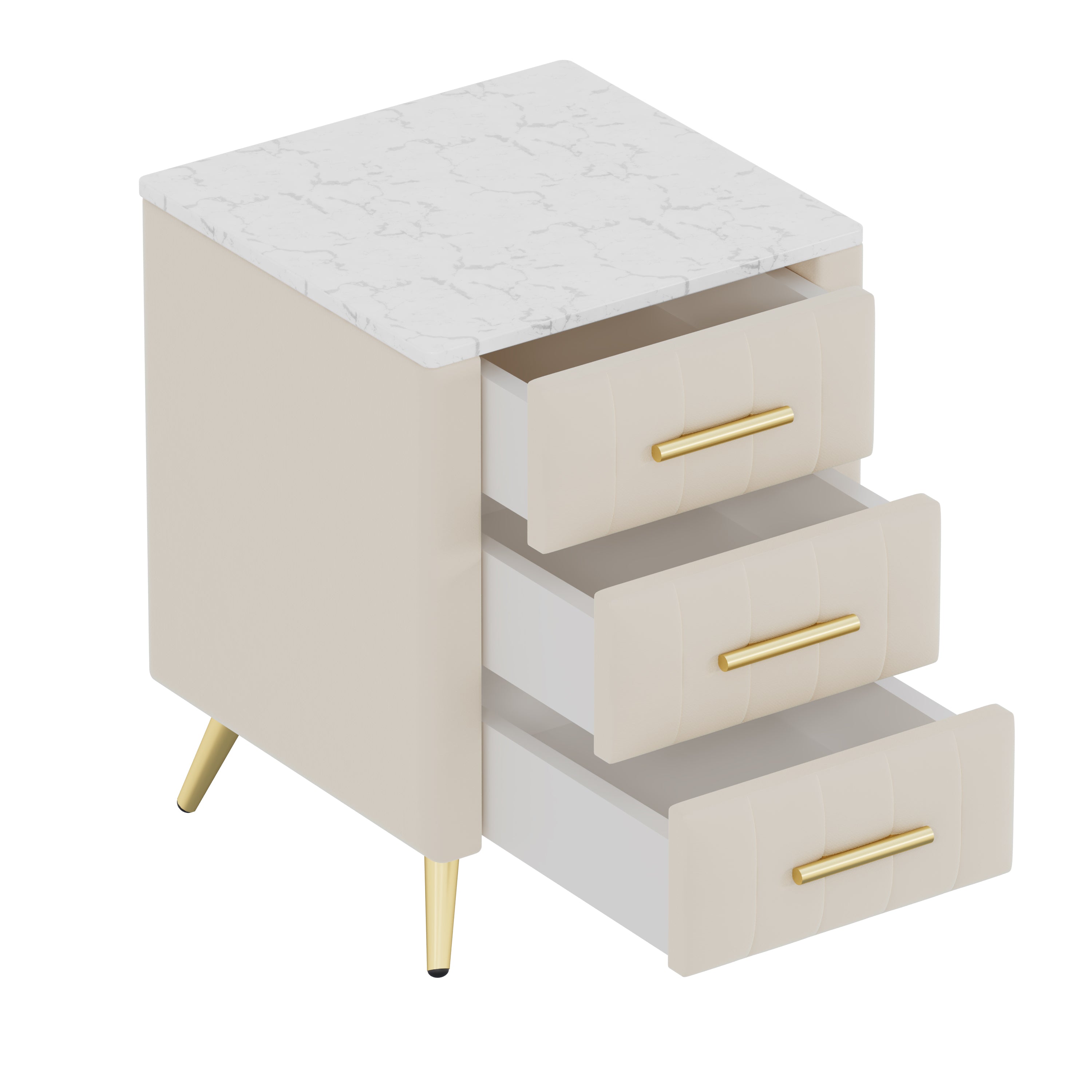 Beige upholstered nightstand metal handle and drawer close-up
