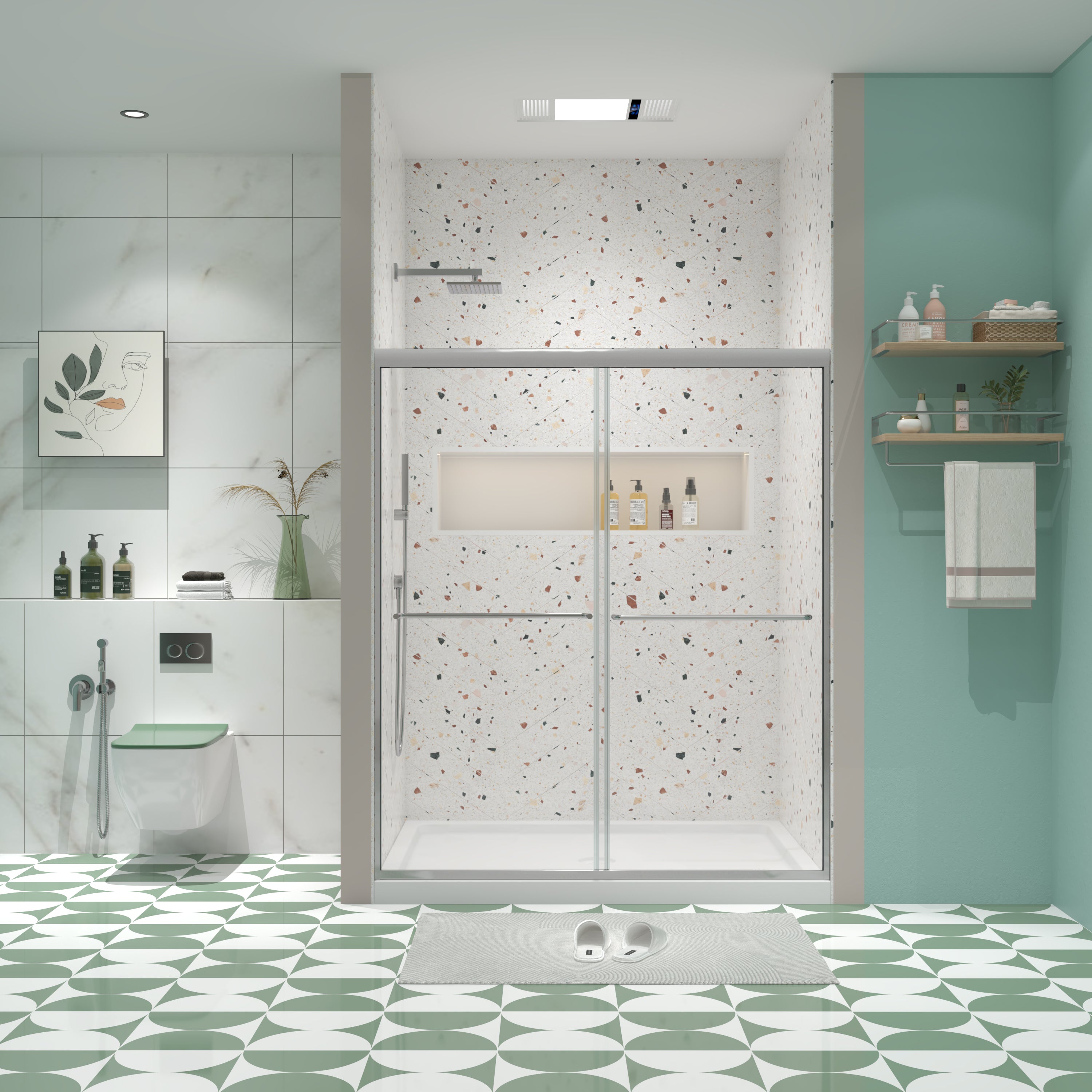 Chrome bypass sliding shower door with clear glass