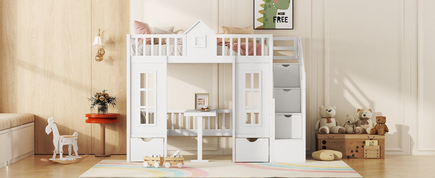 Twin-Over-Twin Bunk Bed with Changeable Table, Bunk Bed Turn into Upper Bed and Down Desk -White