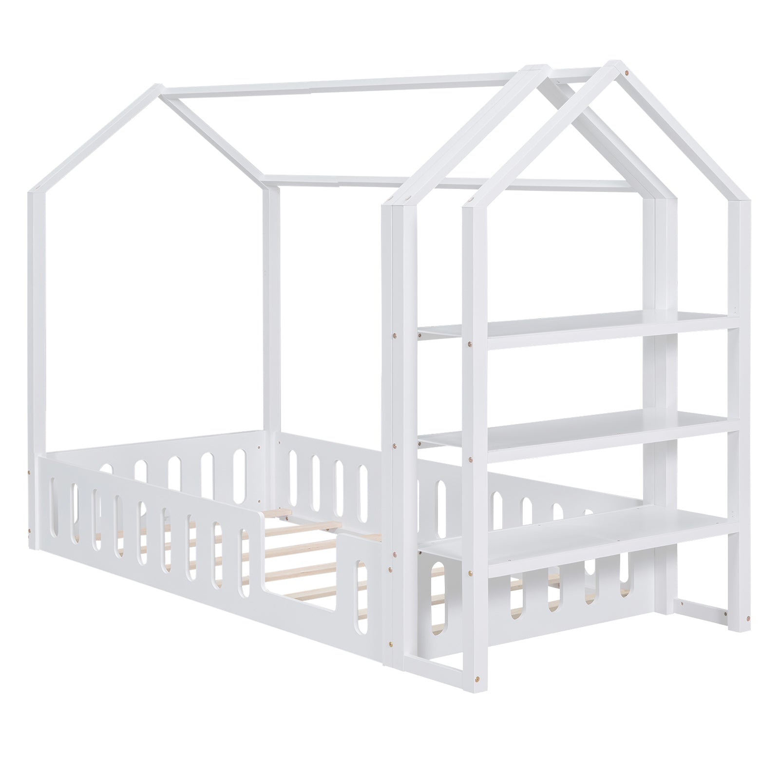 Twin Size Wood House Bed with Fence and Detachable Storage Shelves, White