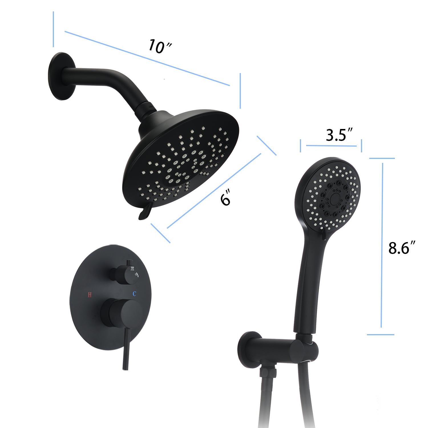 Round Shower System  Wall Mounted Rain Mixer Combo Set Matte Black