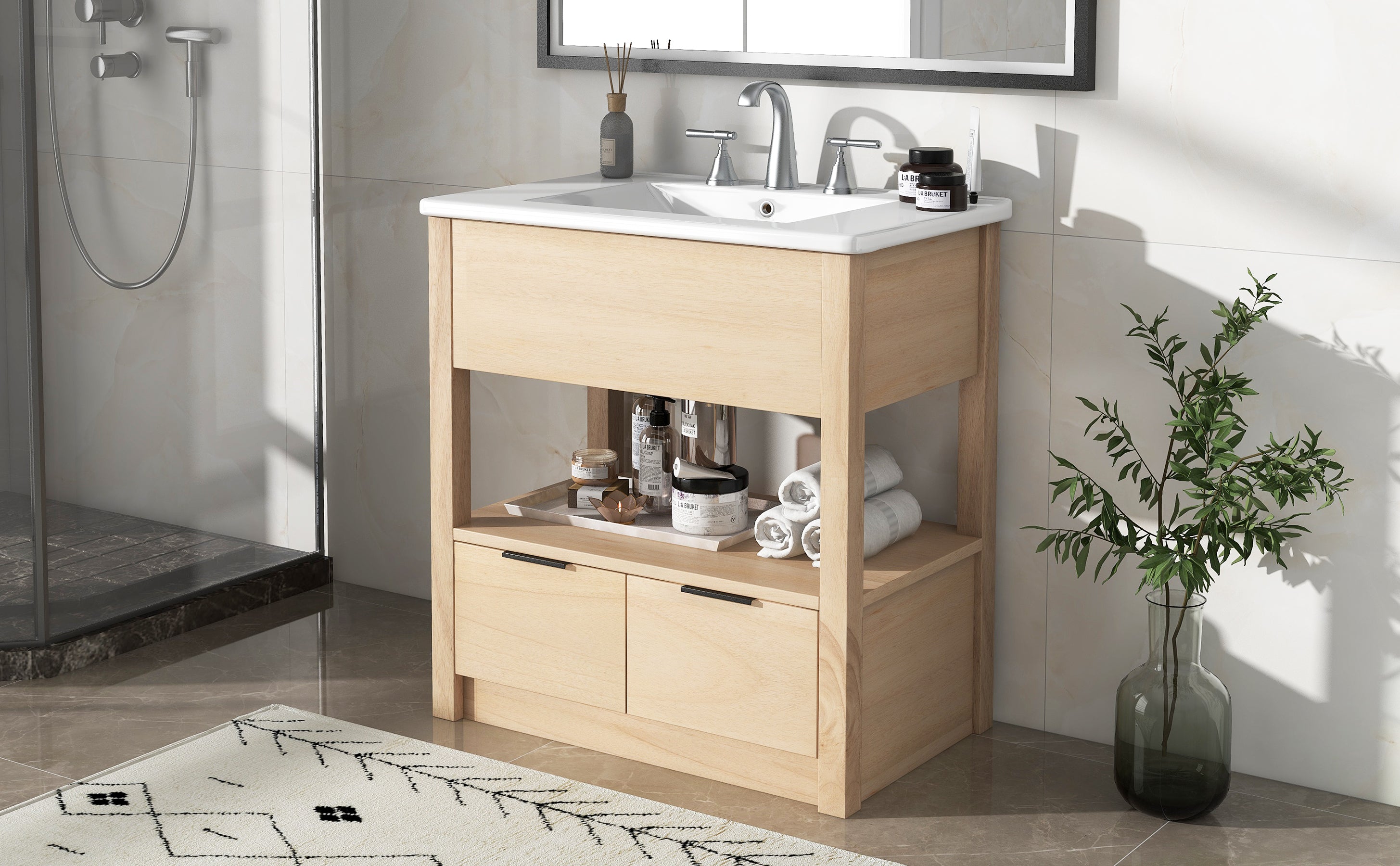 30" Bathroom Vanity with Sink Top, Bathroom Cabinet with Open Storage Shelf and Two Drawers, One Package, Natural (Old Sku:WF311619AAD)